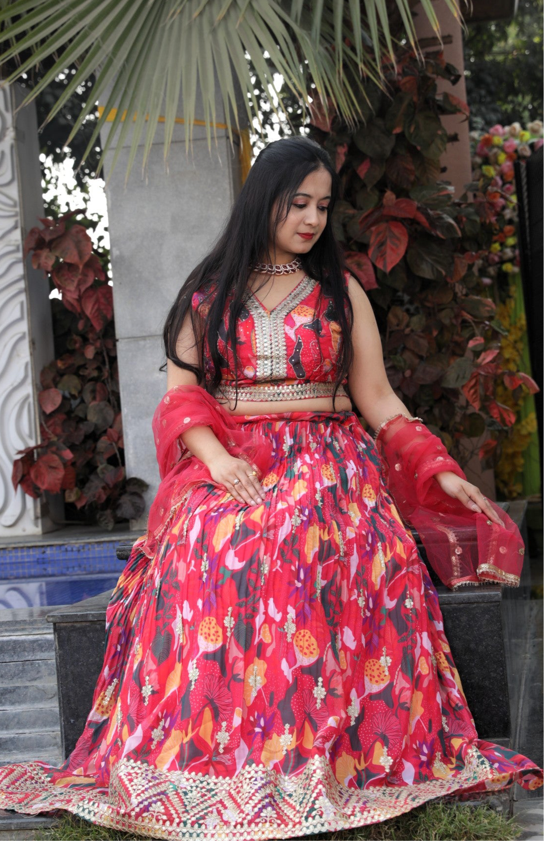 Floral Printed lehenga with gotapatti work - Red Color