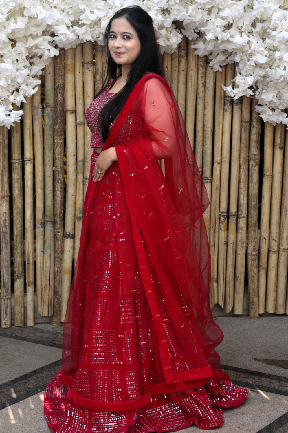 Lehenga with foil mirror and sequin work - Red