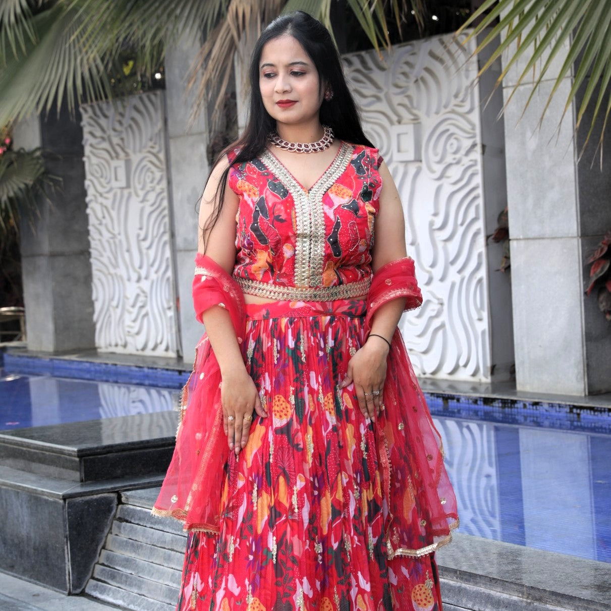 Floral Printed lehenga with gotapatti work - Red Color