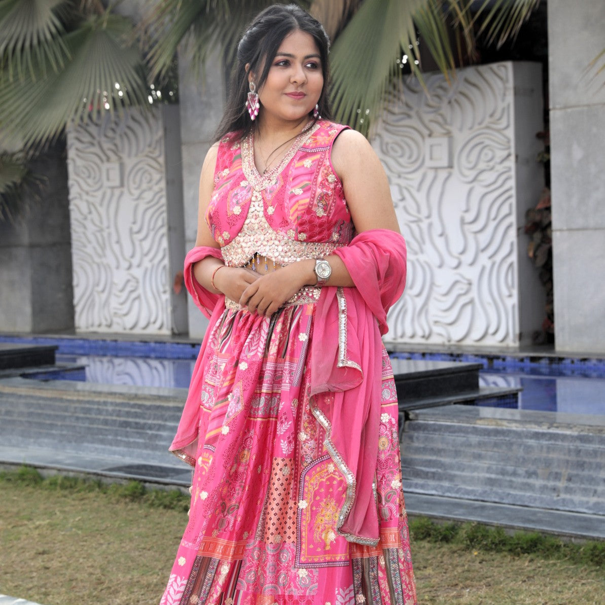 Floral Printed lehenga with gotapatti work - Pink Color