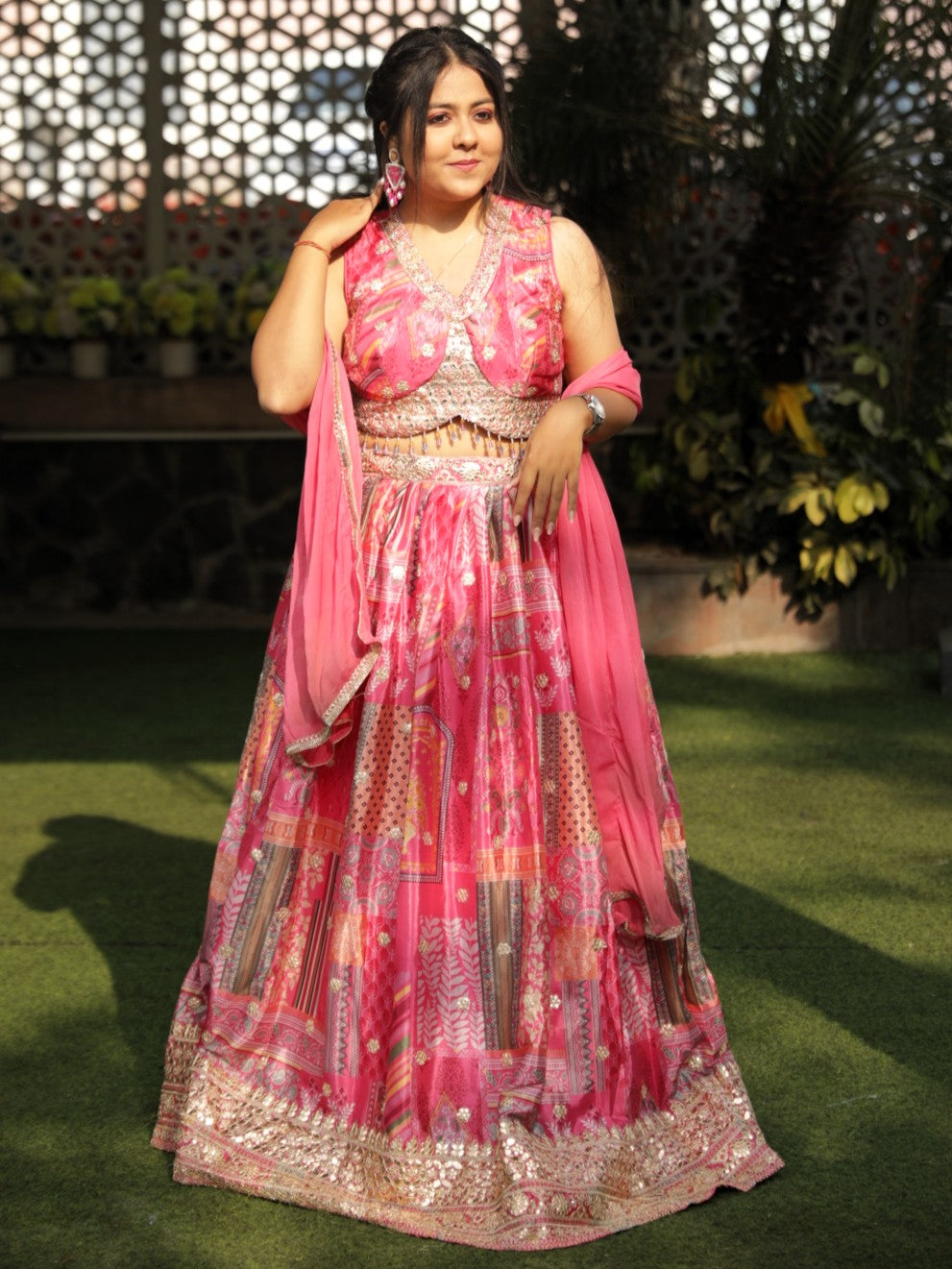Floral Printed lehenga with gotapatti work - Pink Color