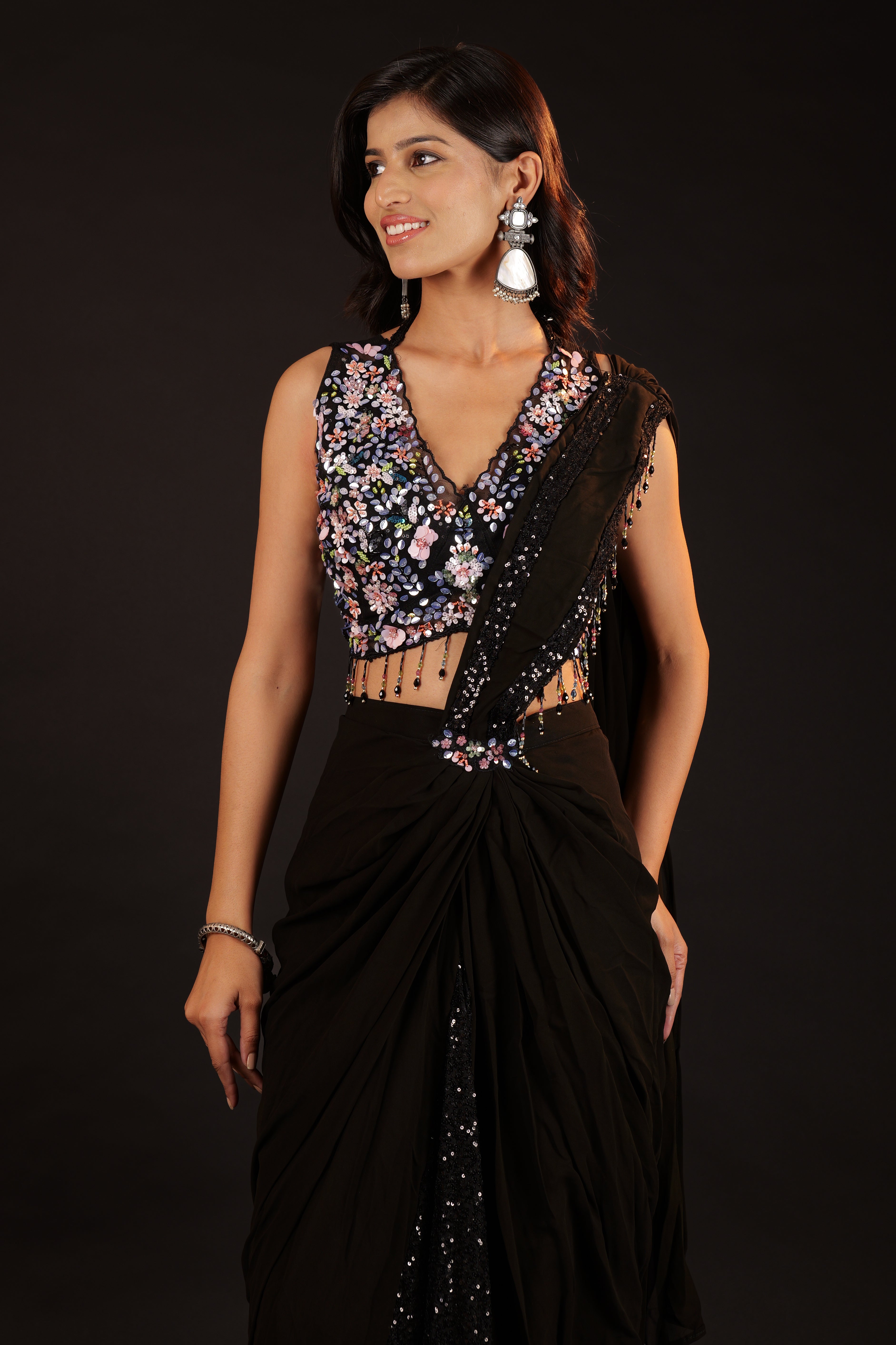 Pre Stitched Saree - black