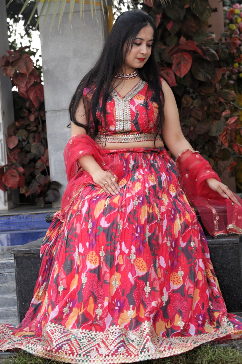 Floral Printed lehenga with gotapatti work - Red Color