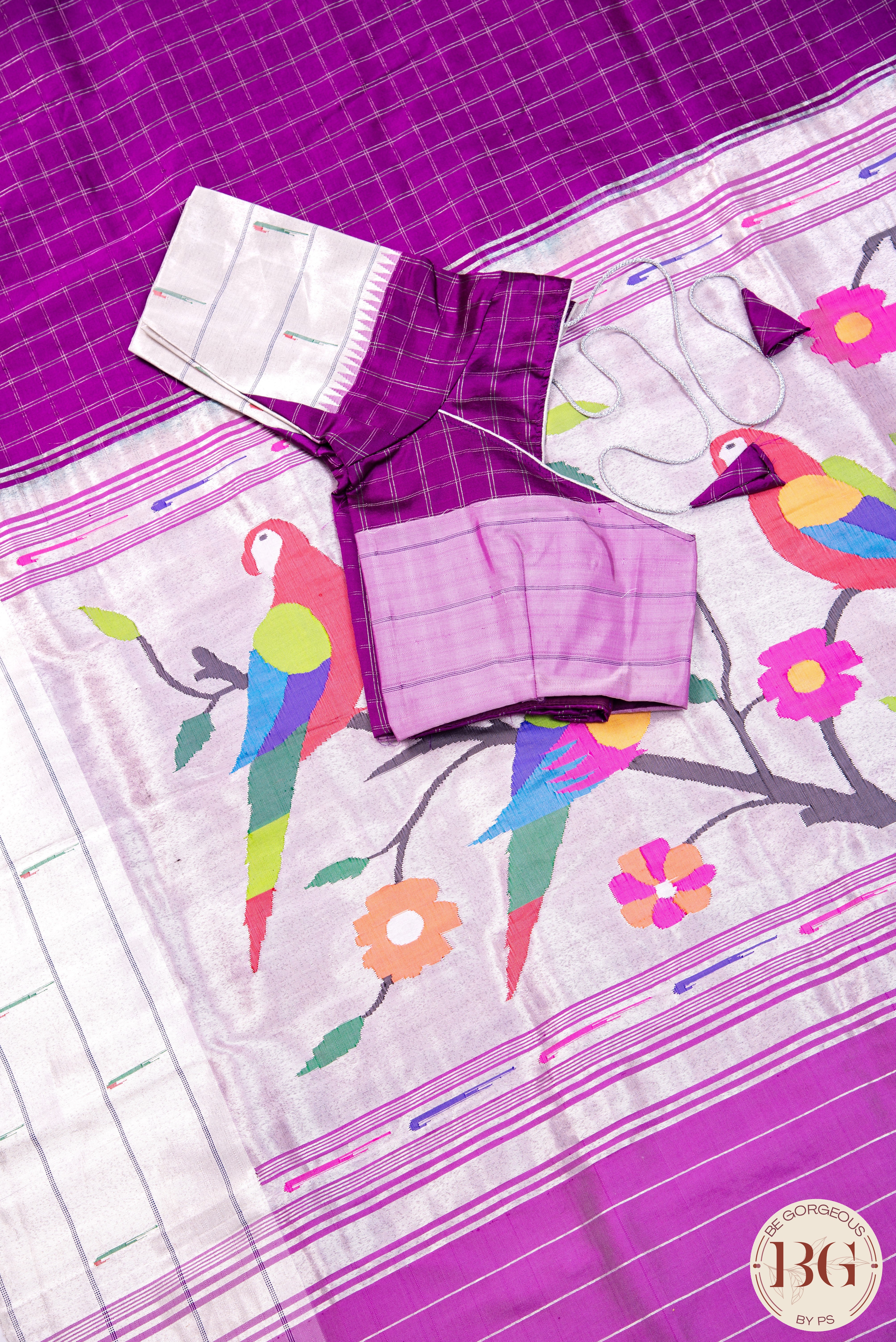 Paithani Saree with Triple Muniya border checker body and parrot pallu - purple