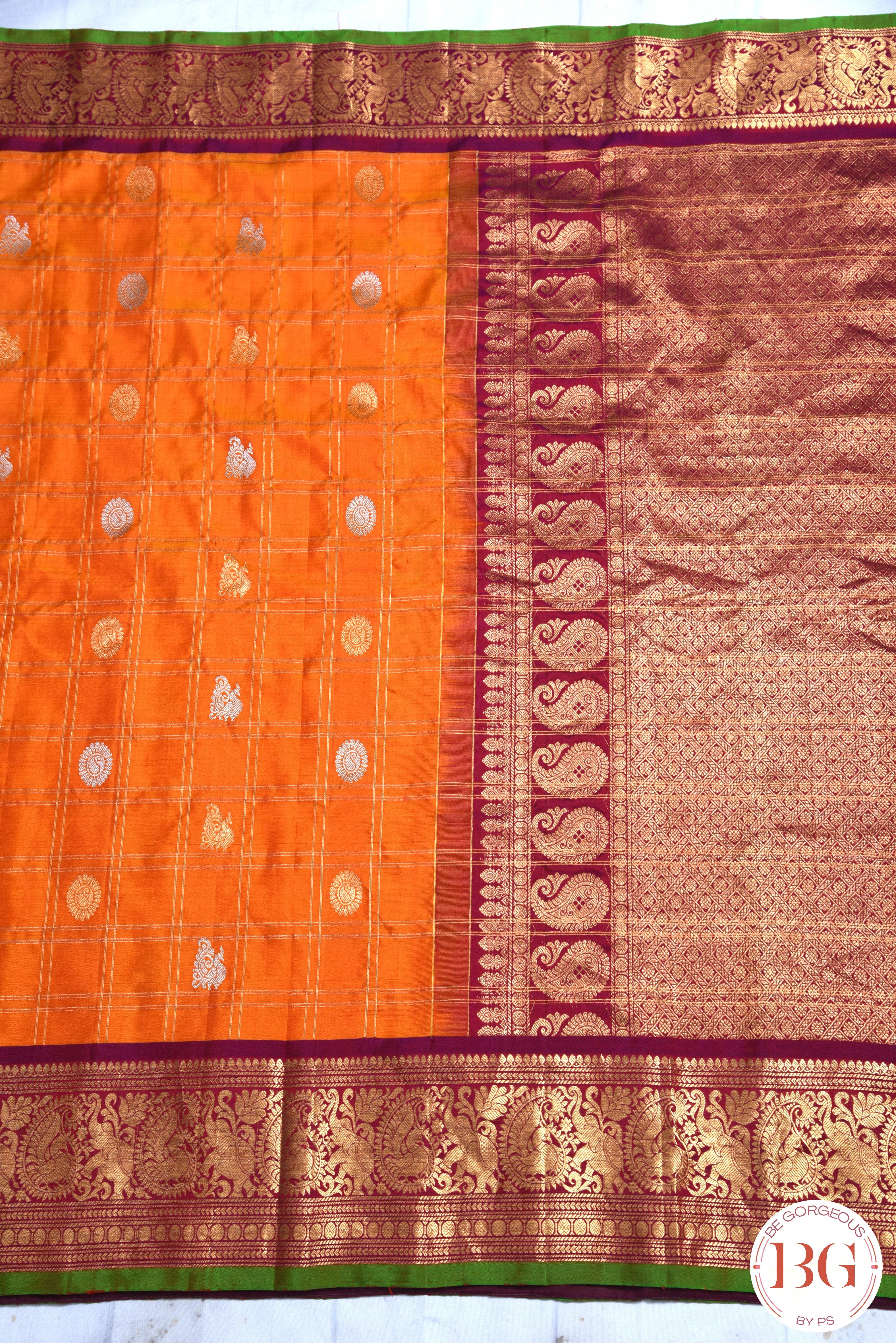 Kuttu Gadwal Pure silk handloom saree - Mustard Orange with Purple
