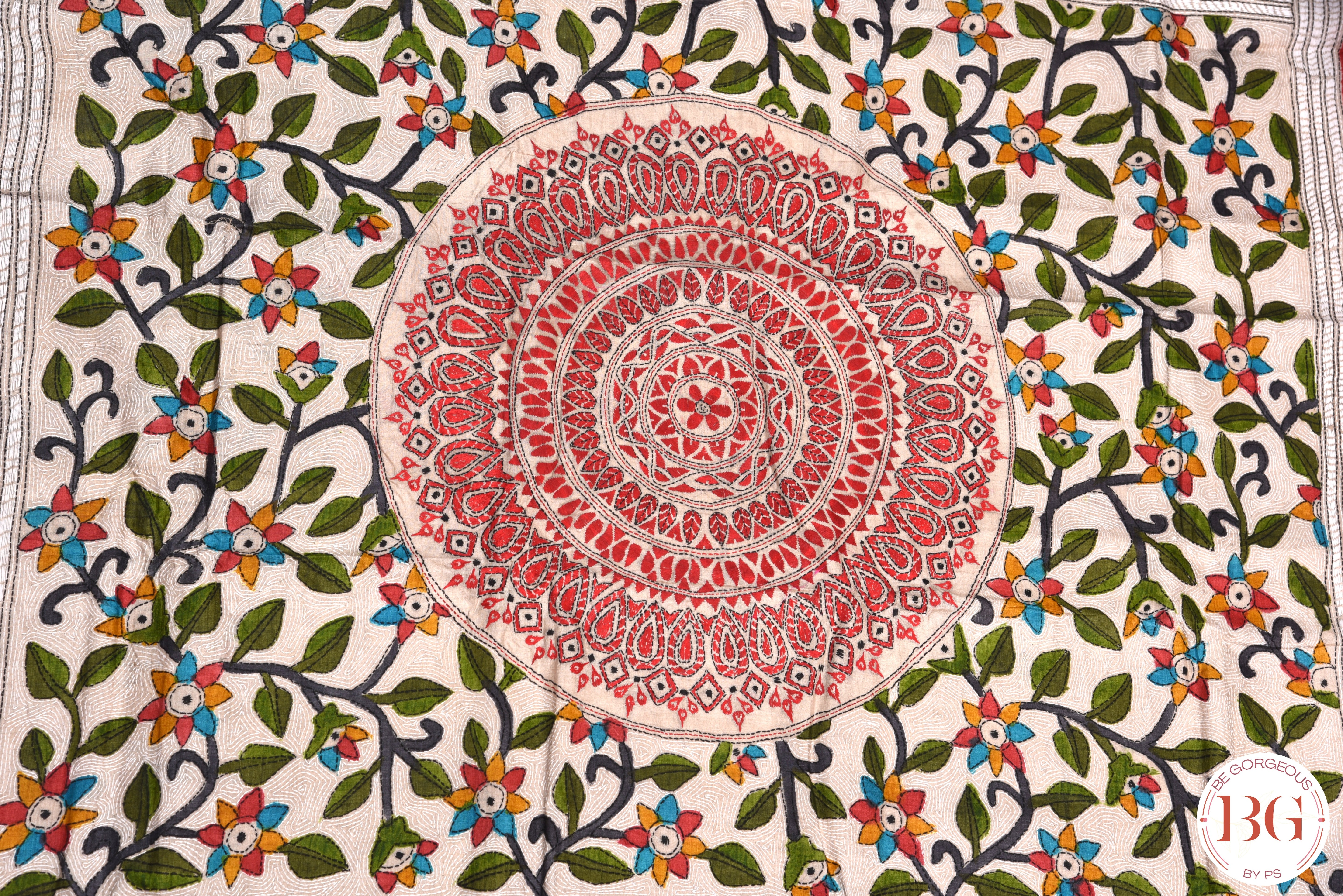 Kantha Stitch Saree on tussar silk - Beige with multicolor