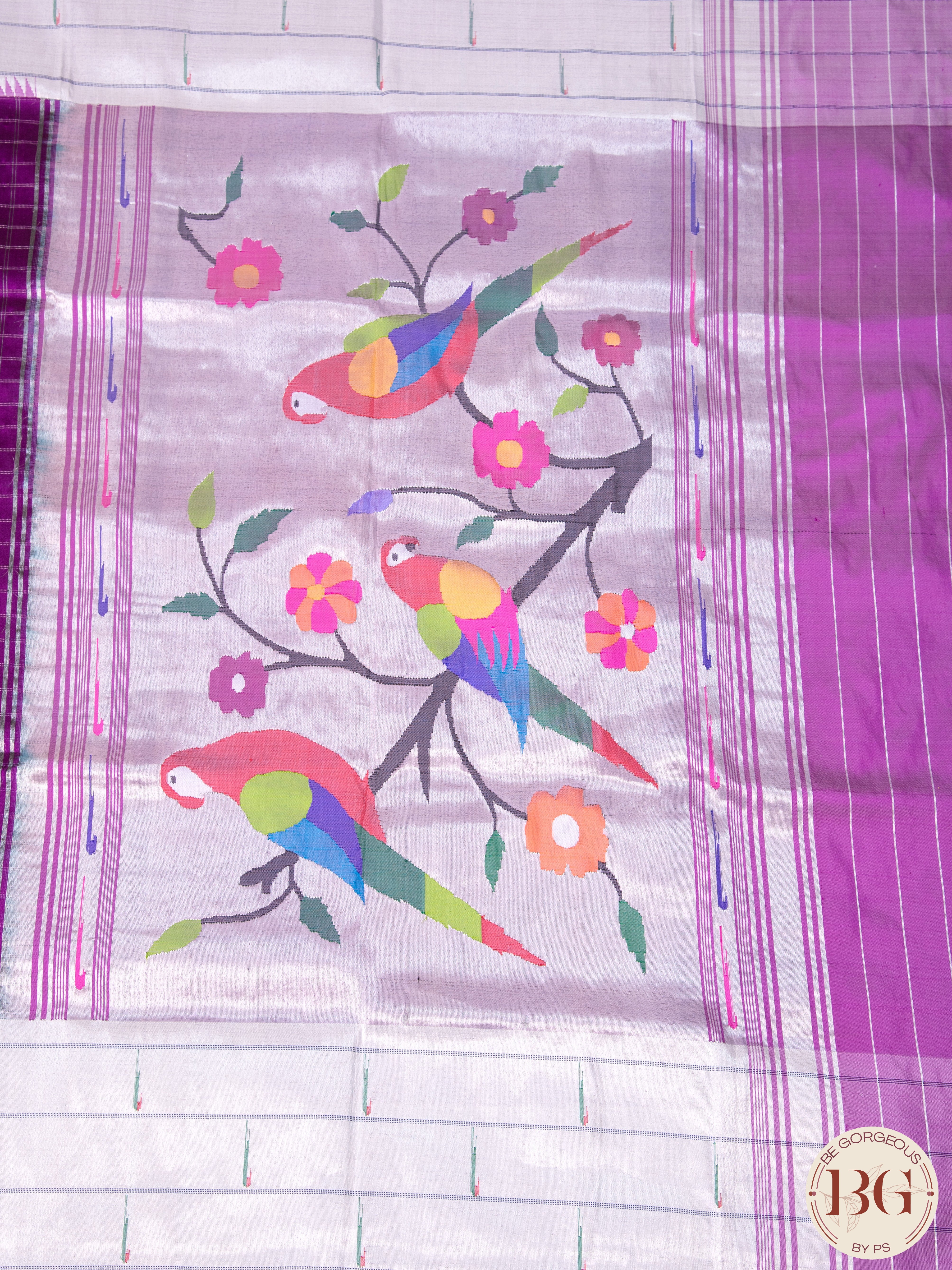 Paithani Saree with Triple Muniya border checker body and parrot pallu - purple