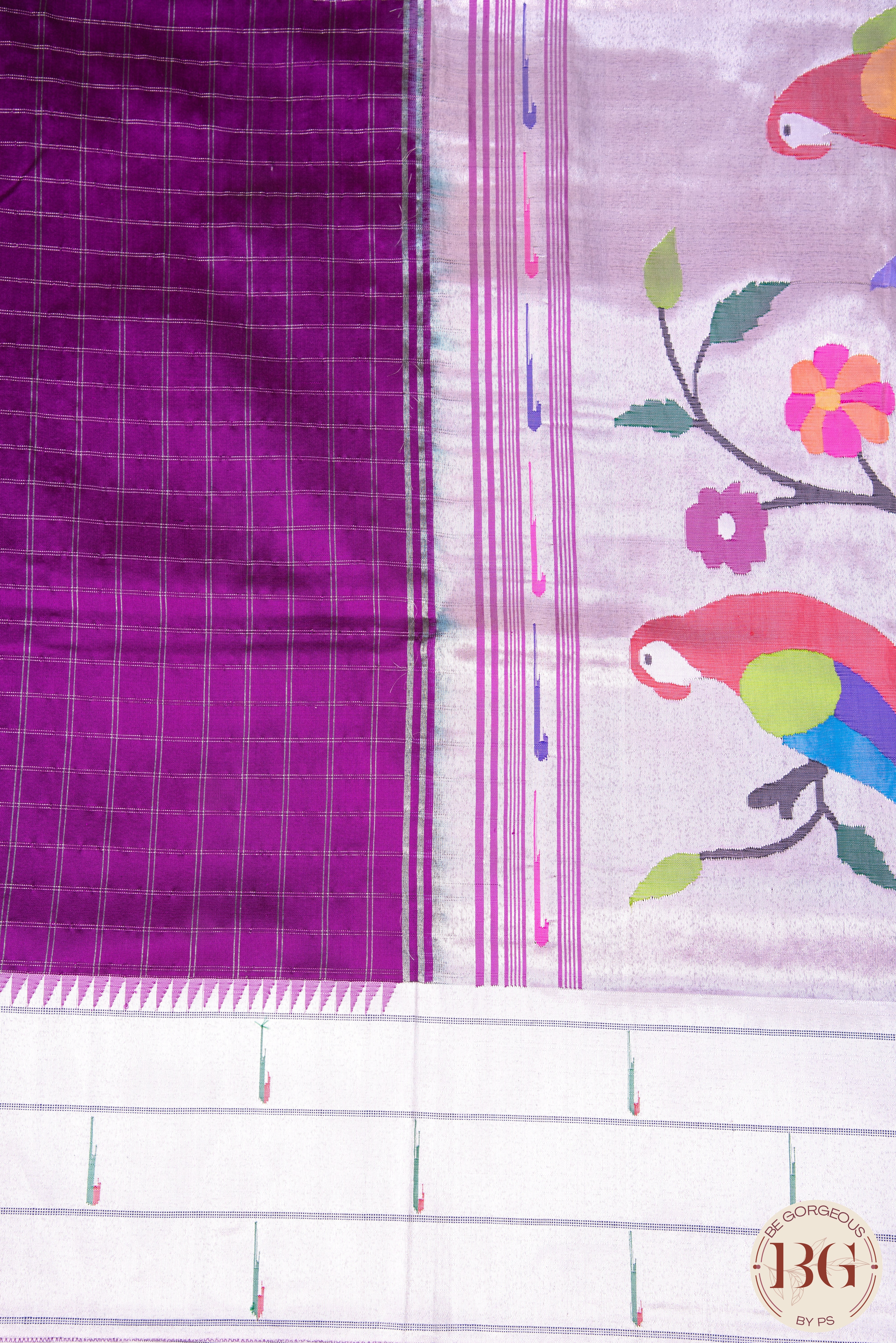 Paithani Saree with Triple Muniya border checker body and parrot pallu - purple