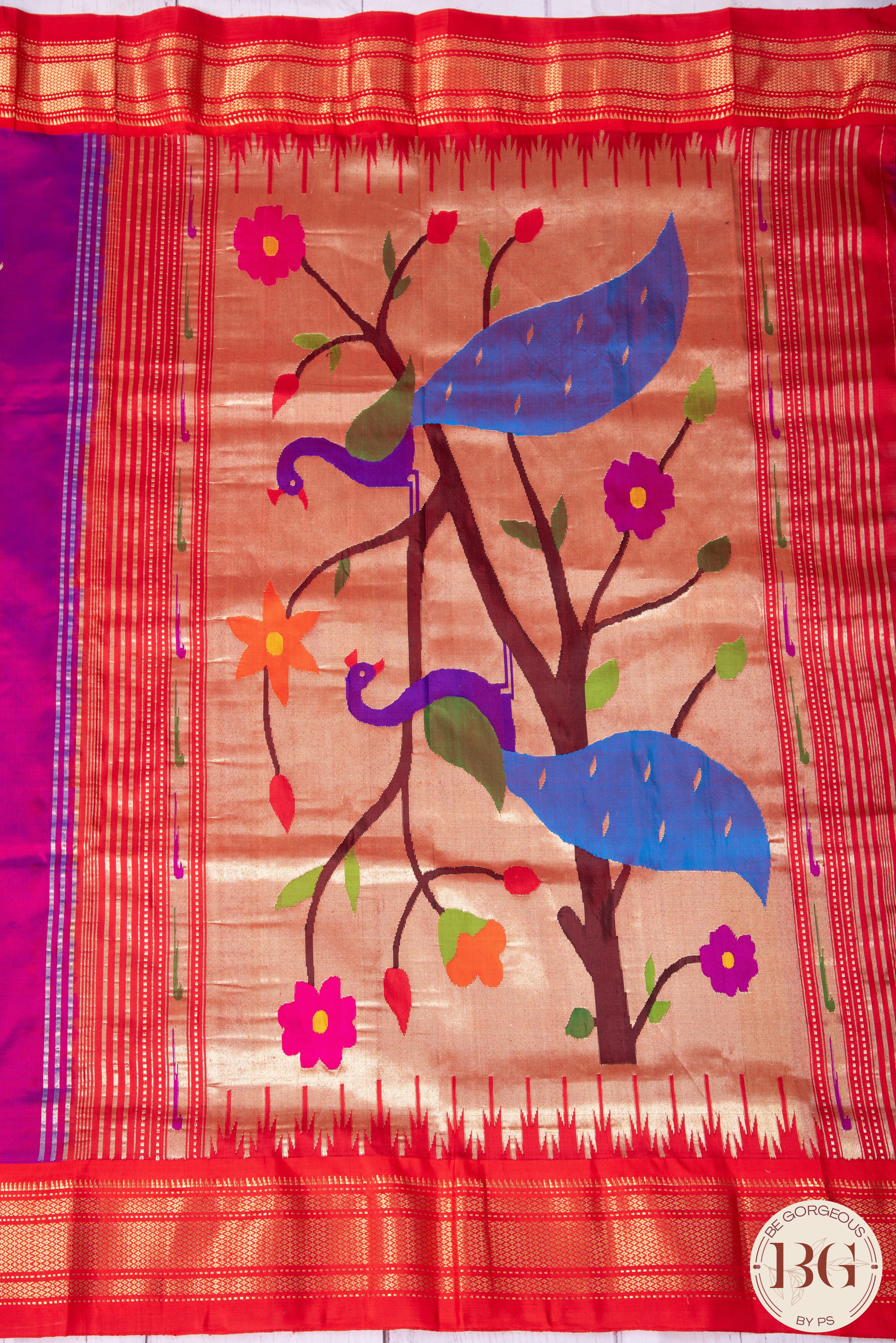 Paithani pure silk saree with peacock pallu - purplish pink