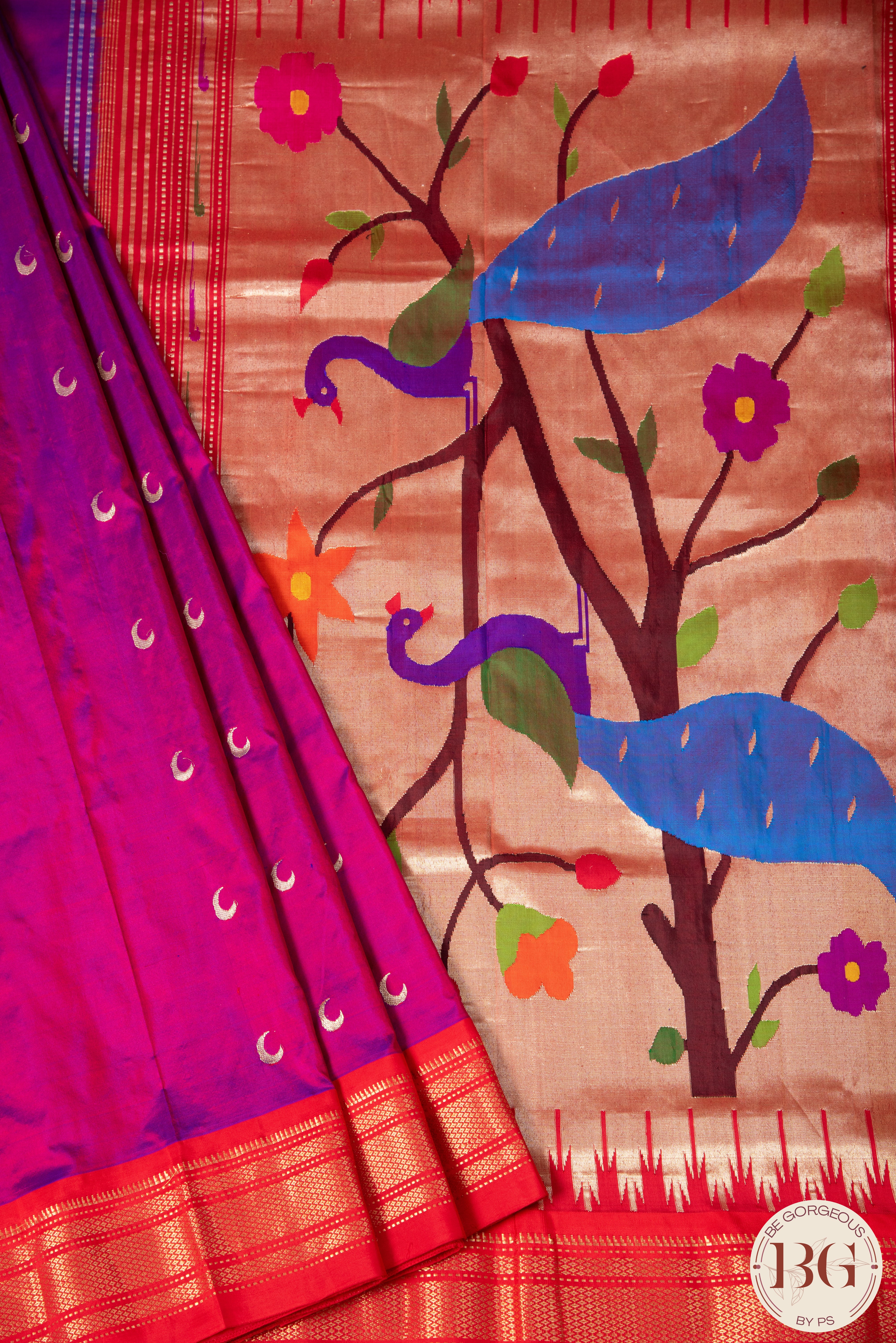 Paithani pure silk saree with peacock pallu - purplish pink