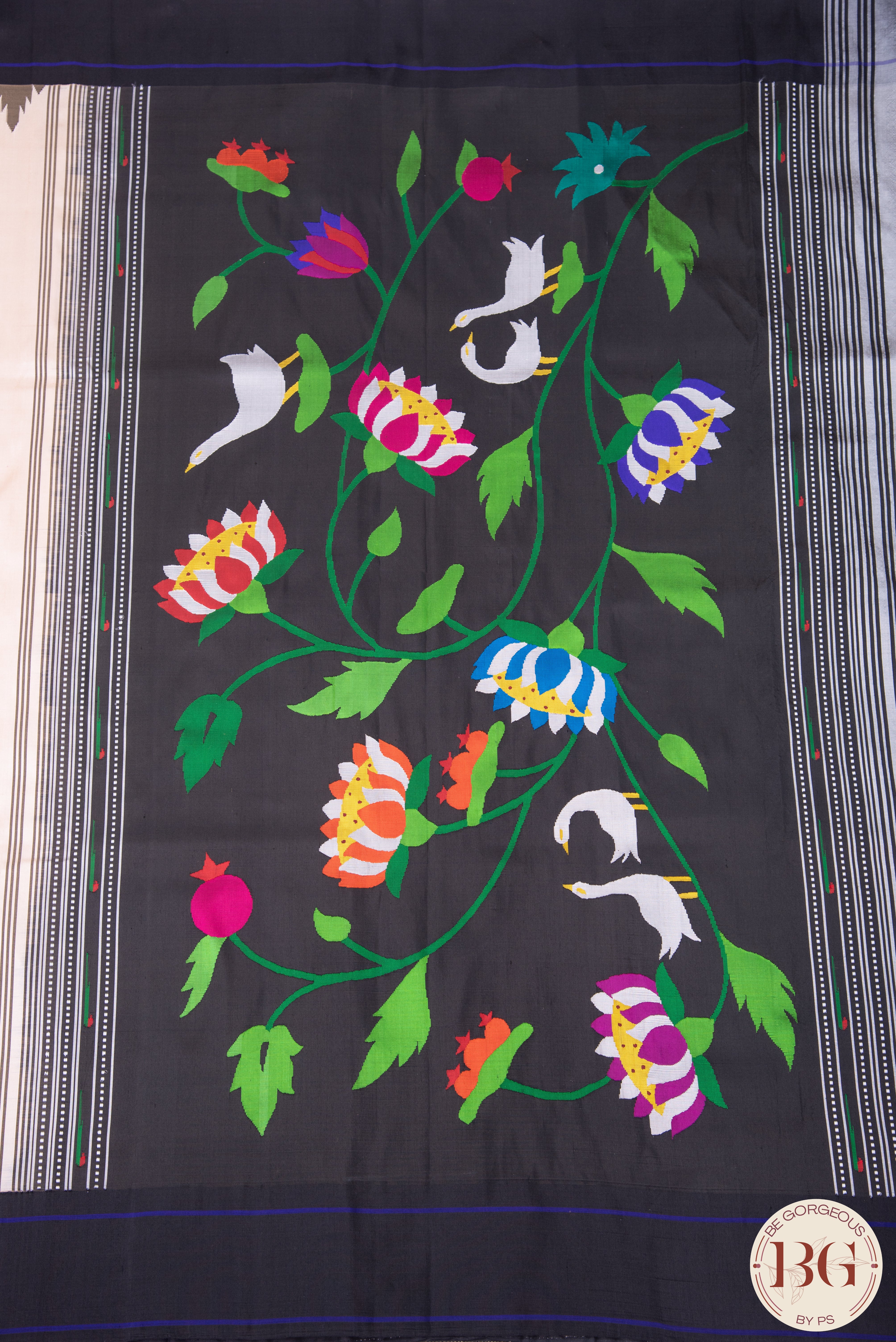 Paithani pure silk Panja Patta brocade saree - beige and black