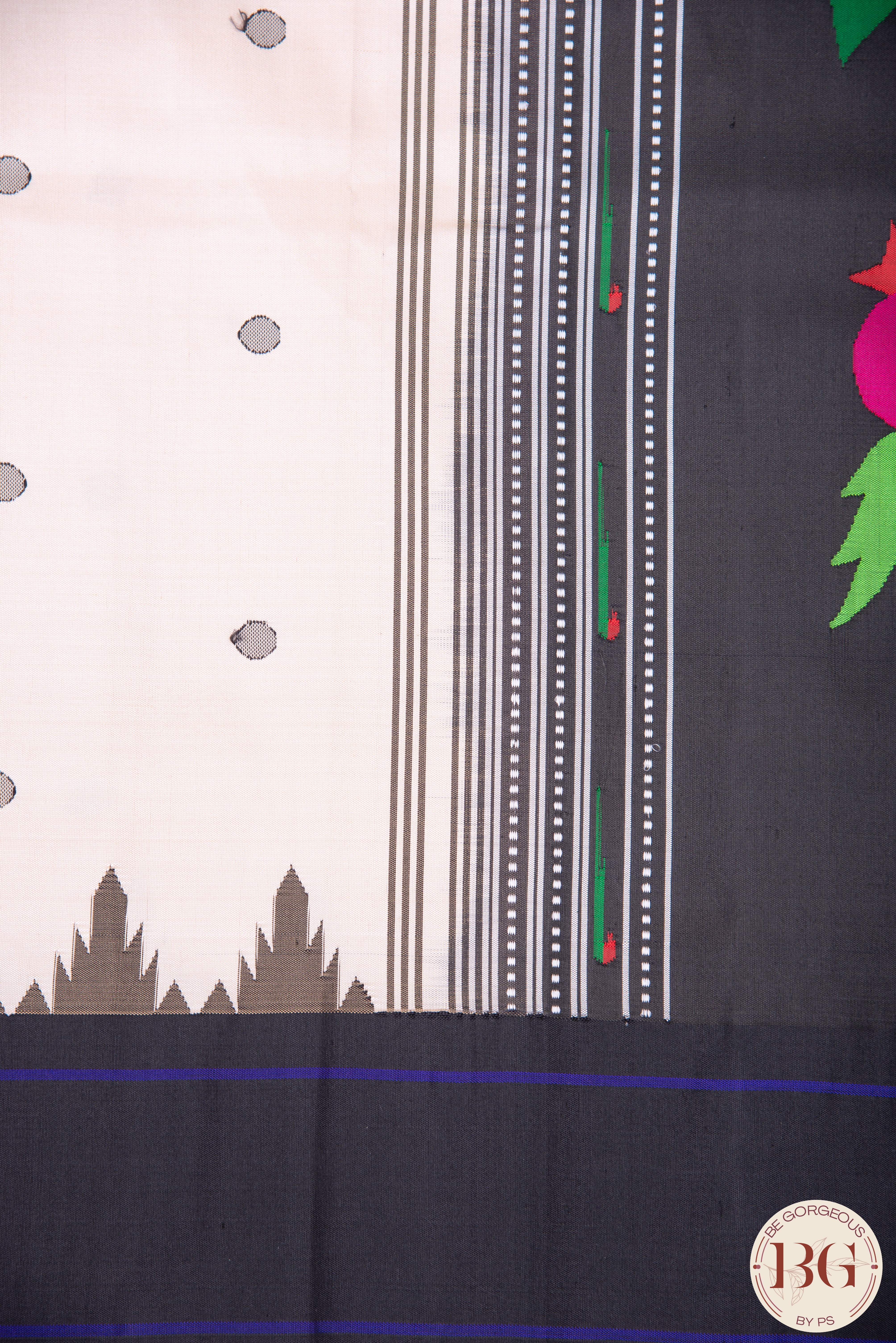 Paithani pure silk Panja Patta brocade saree - beige and black