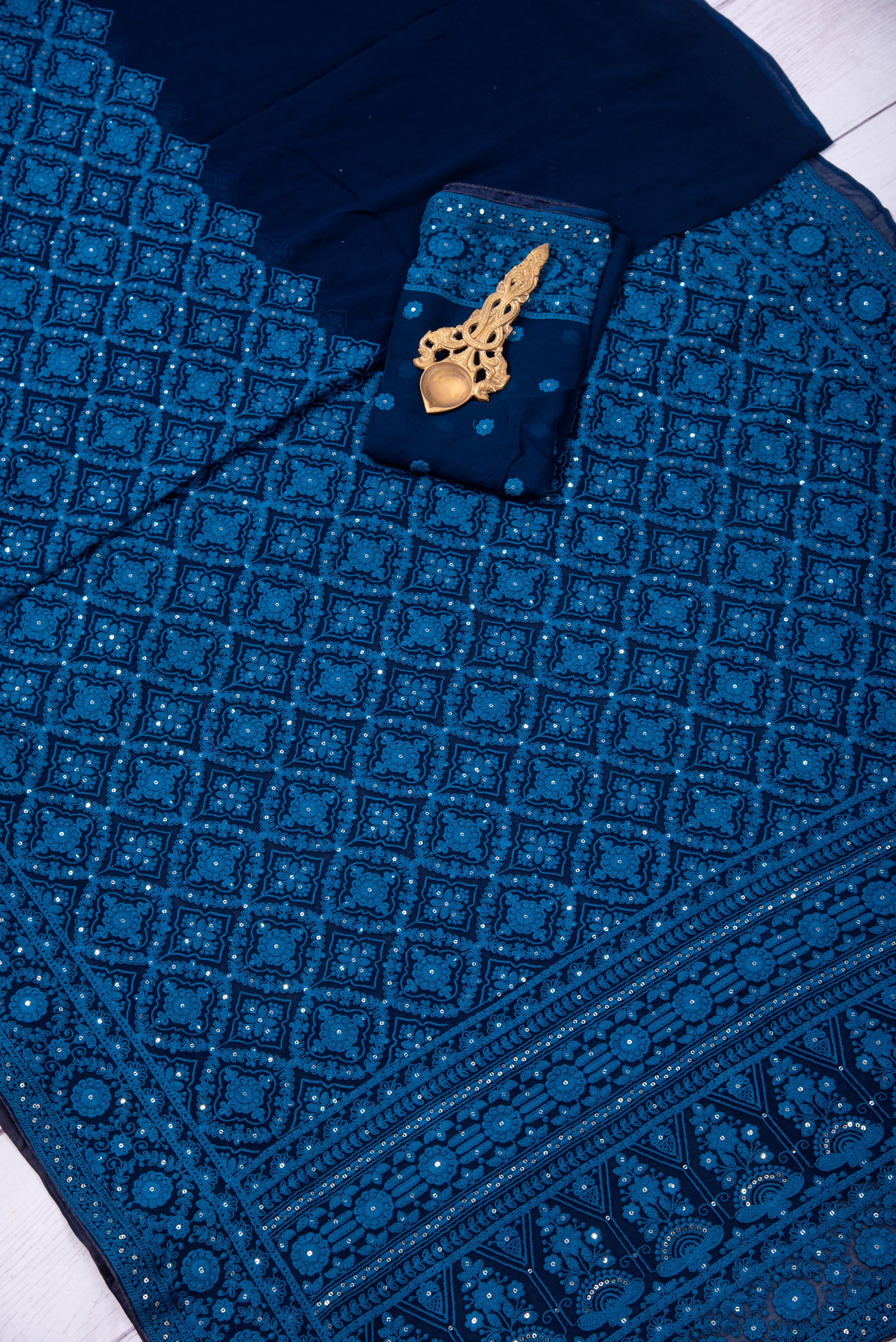 Chikankari embroidery with sequins on georgette - blue
