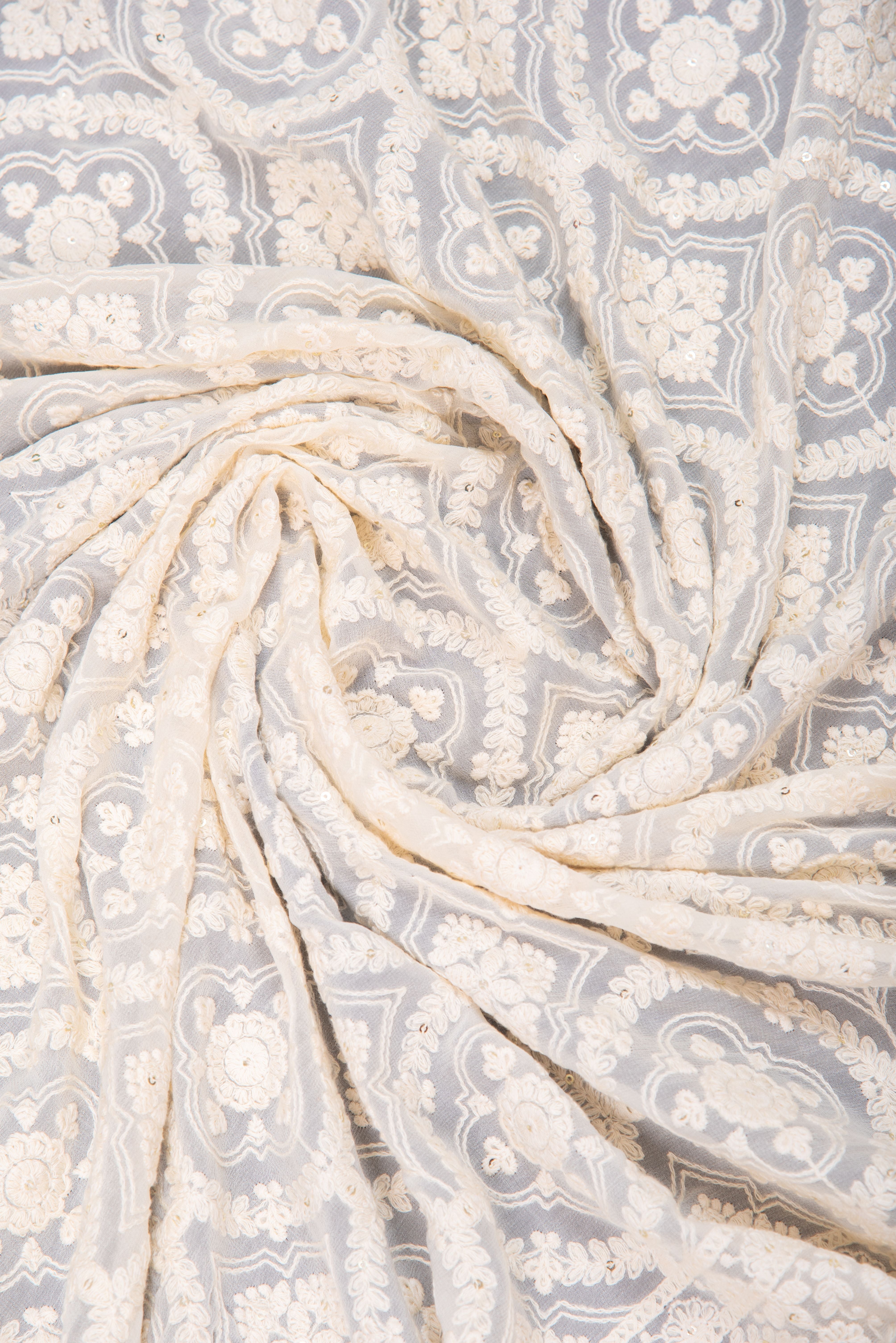 Chikankari embroidery with sequins on georgette - cream