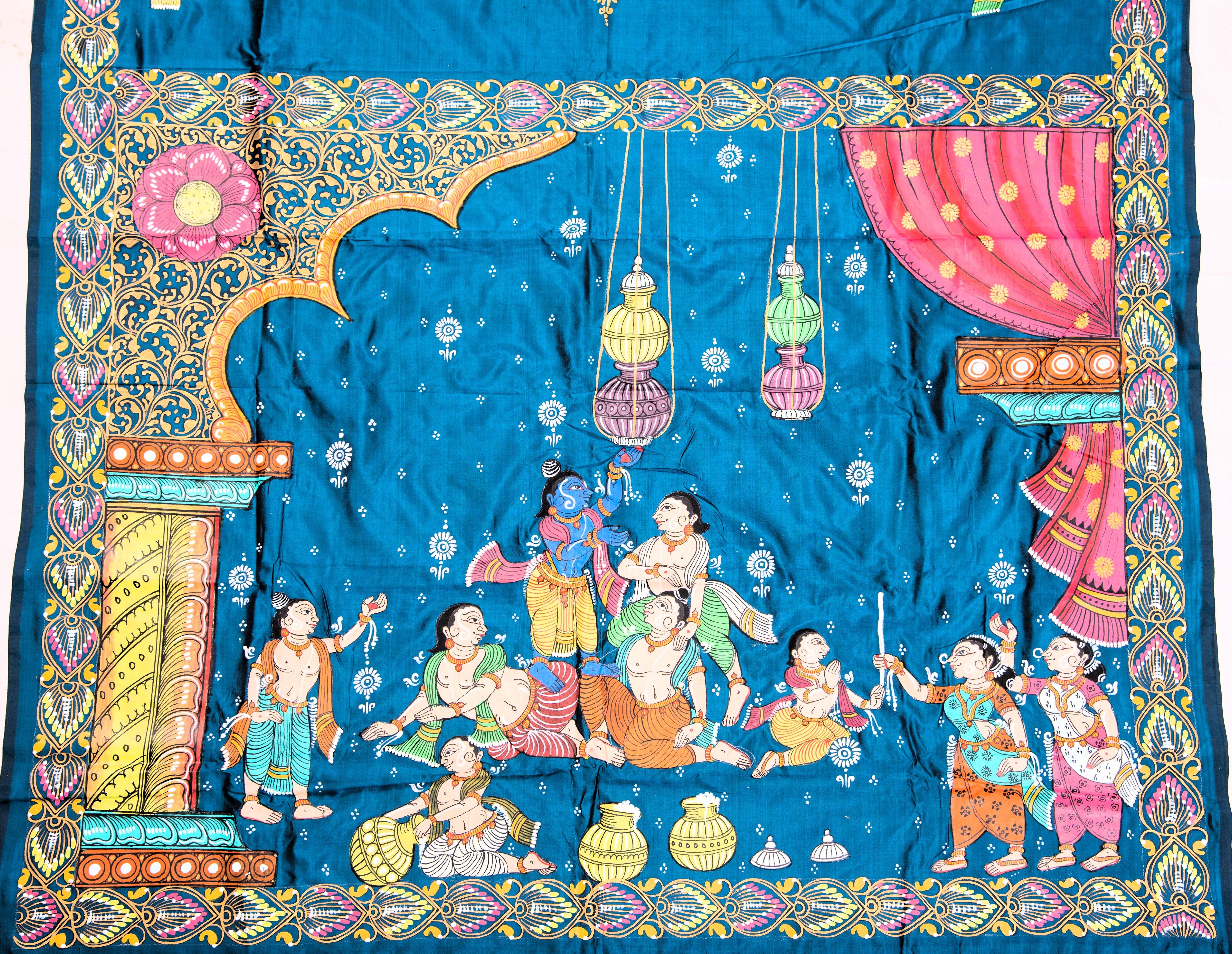 Pattachitra hand painted saree on pure silk - Krishna Dahi Matki Theme