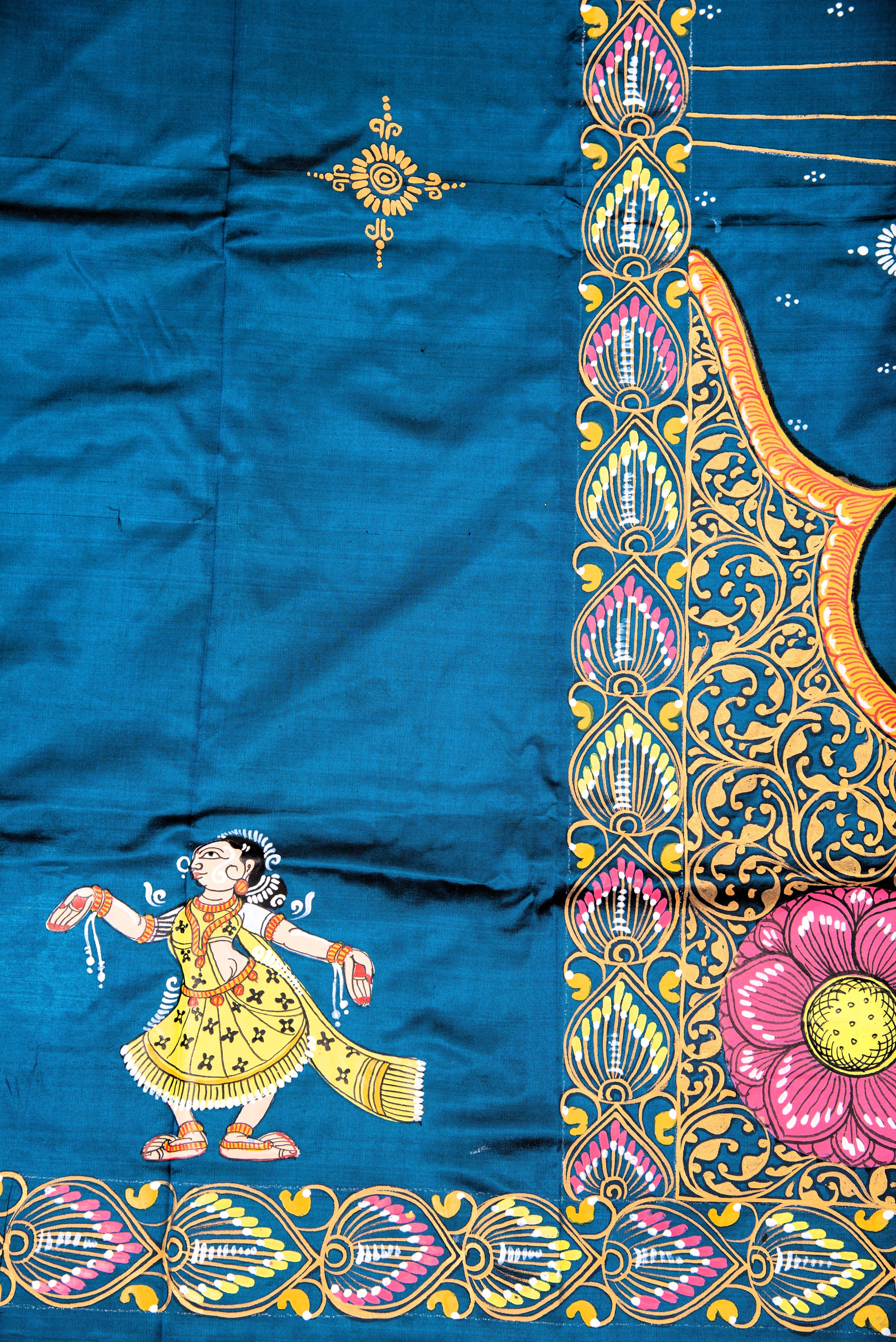 Pattachitra hand painted saree on pure silk - Krishna Dahi Matki Theme