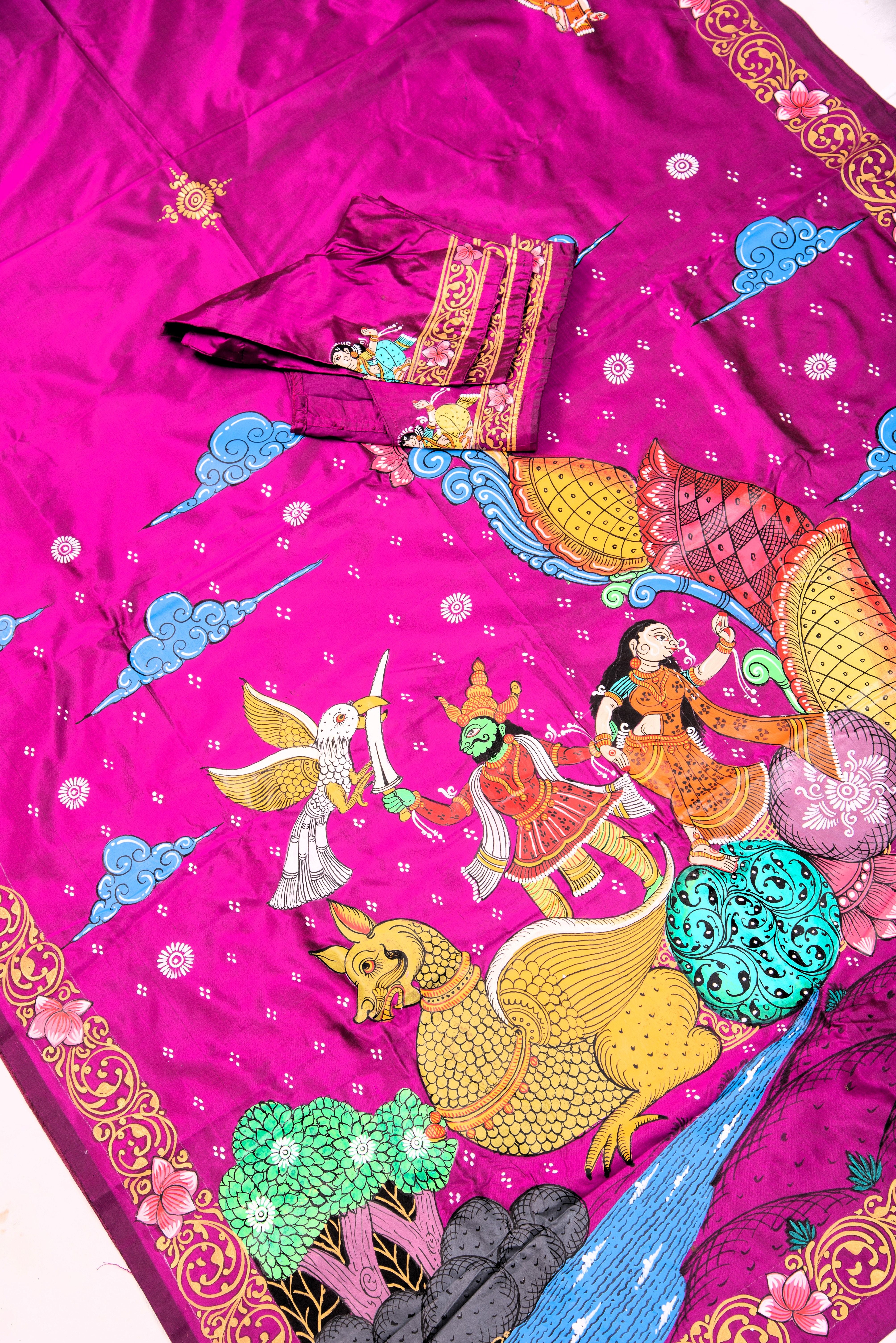 Pattachitra hand painted saree on pure silk - Sita Haran Theme