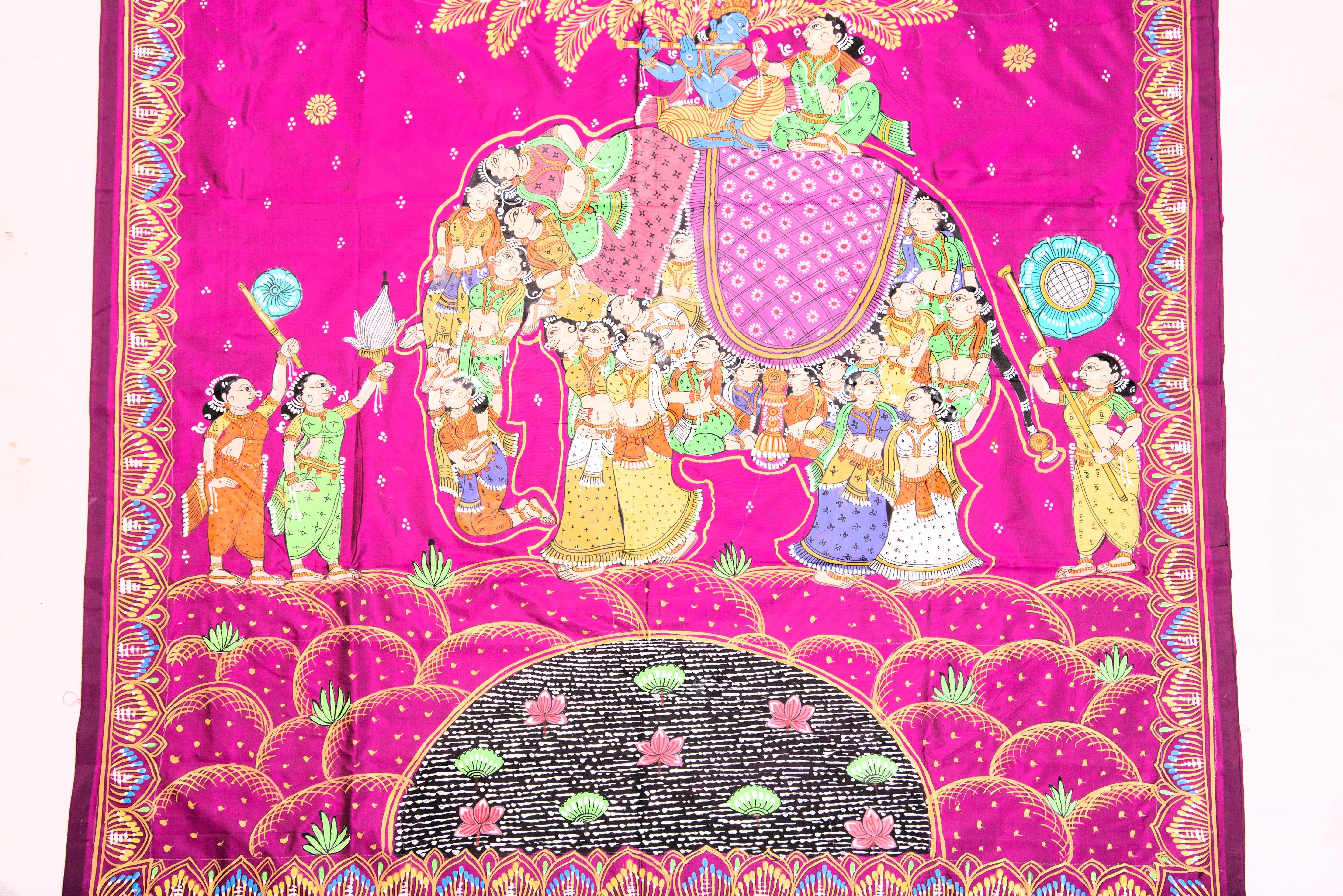 Pattachitra hand painted saree on pure silk - Kandarpa Hasti Theme (Divine Elephant)