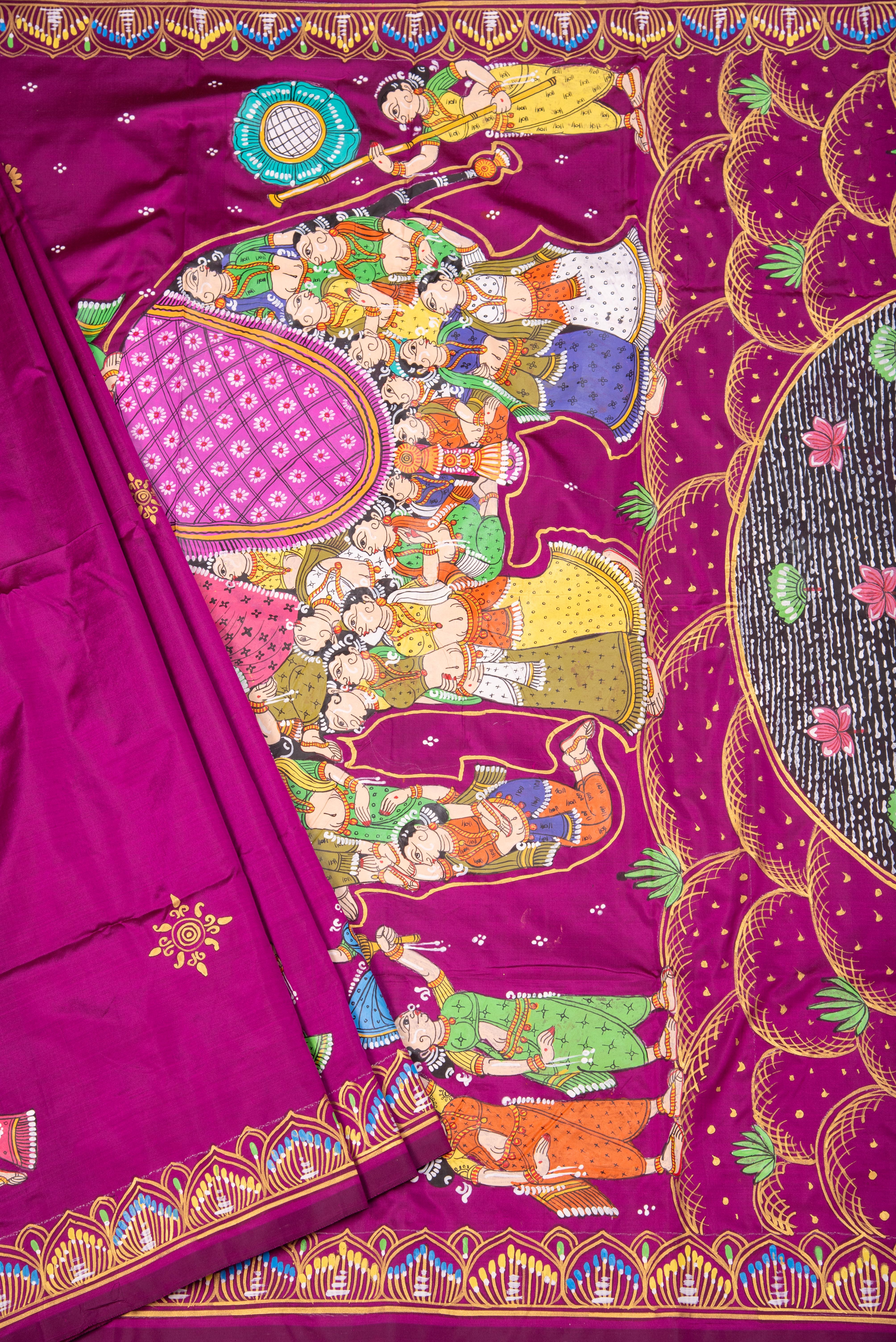 Pattachitra hand painted saree on pure silk - Kandarpa Hasti Theme (Divine Elephant)