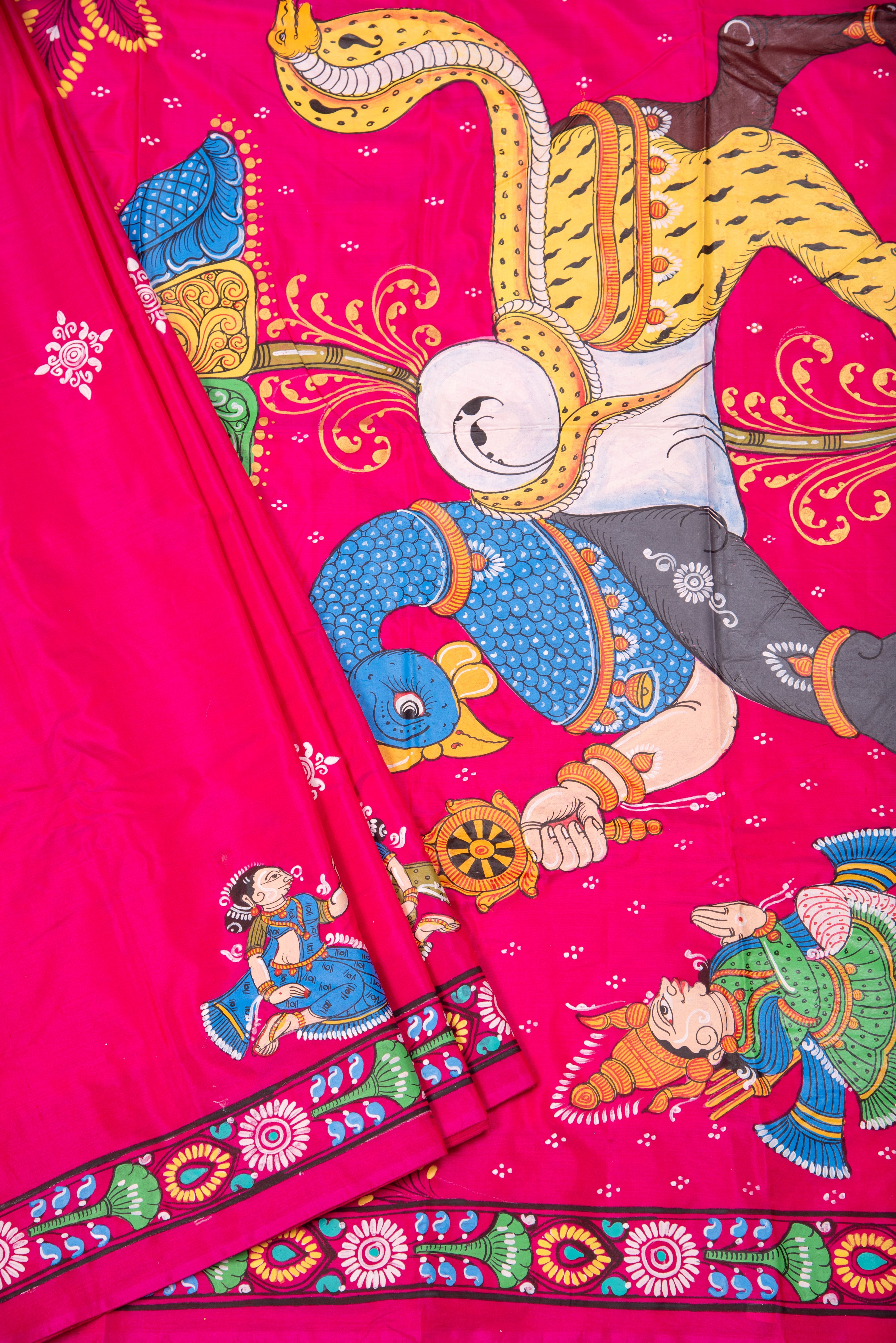 Pattachitra hand painted saree on pure silk - Navagunjara Theme(Creature with nine animals)