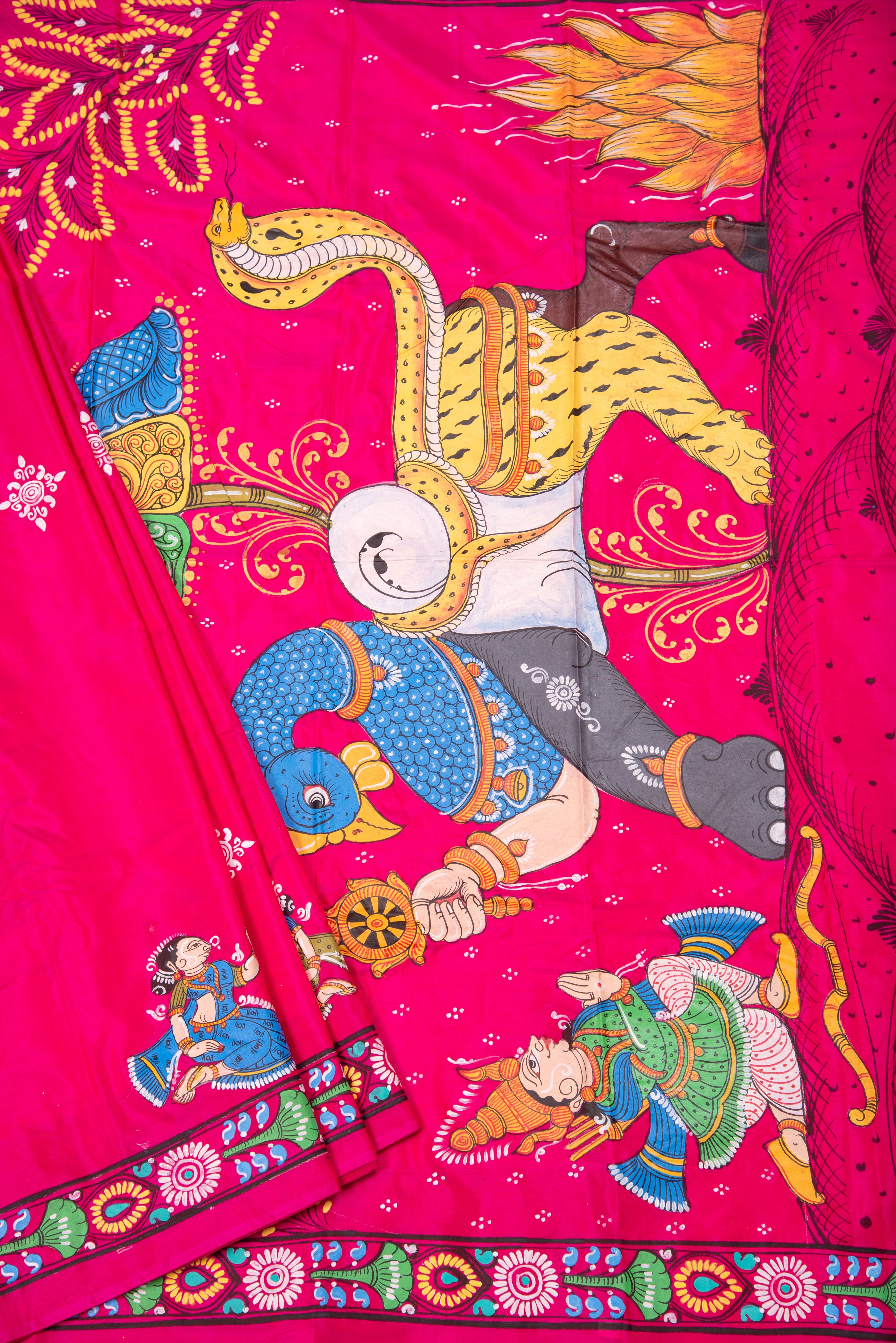 Pattachitra hand painted saree on pure silk - Navagunjara Theme(Creature with nine animals)
