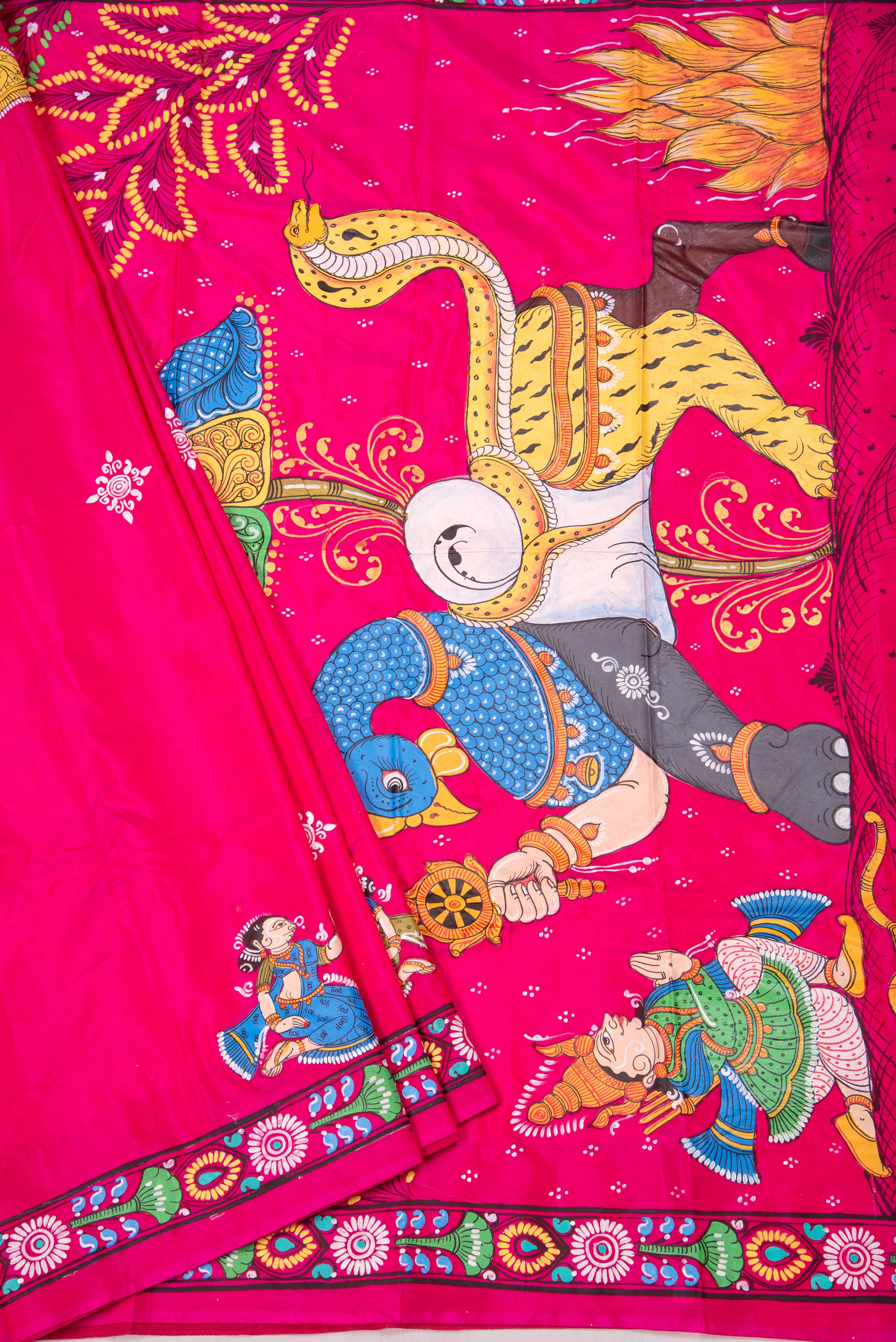 Pattachitra hand painted saree on pure silk - Navagunjara Theme(Creature with nine animals)
