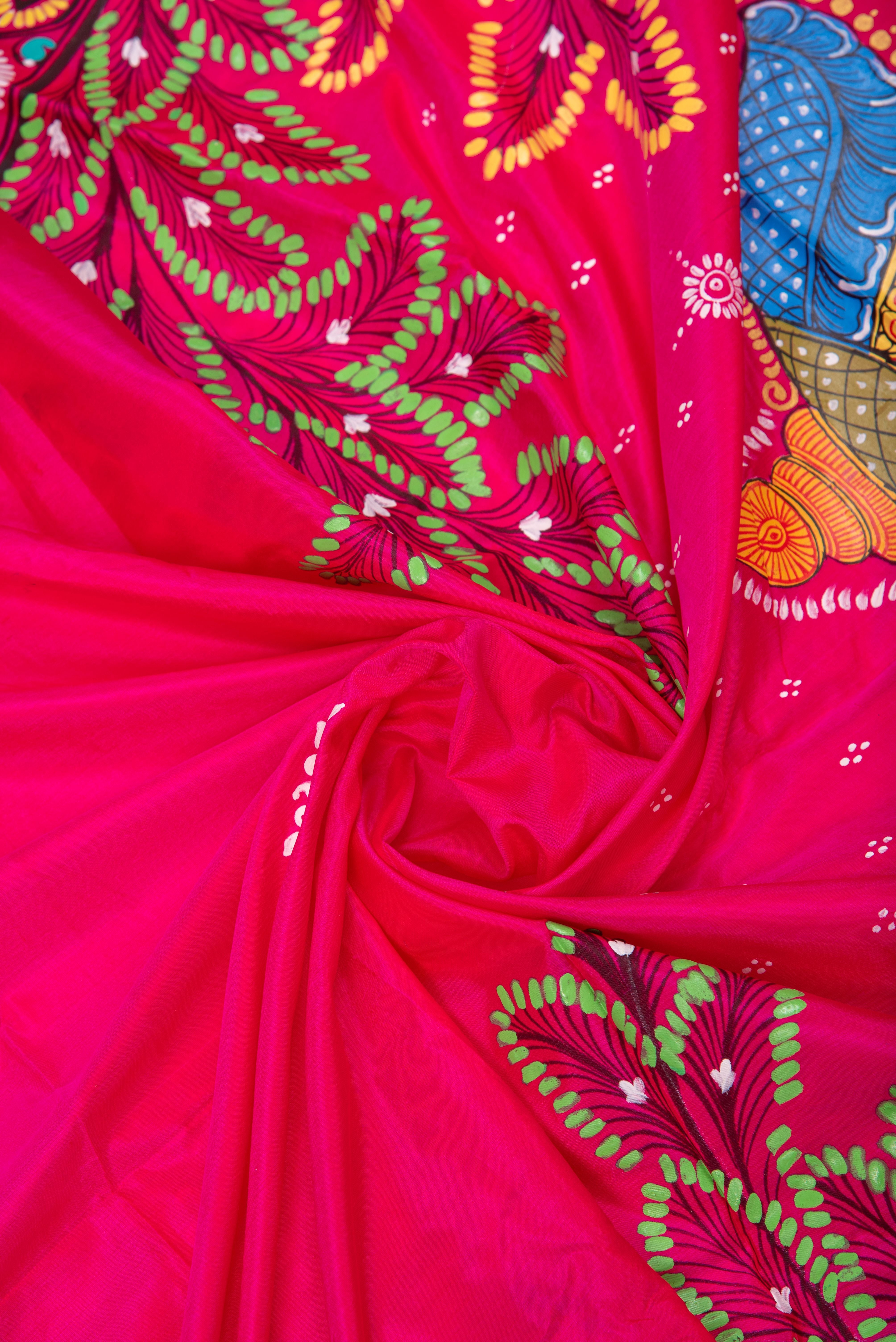 Pattachitra hand painted saree on pure silk - Navagunjara Theme(Creature with nine animals)