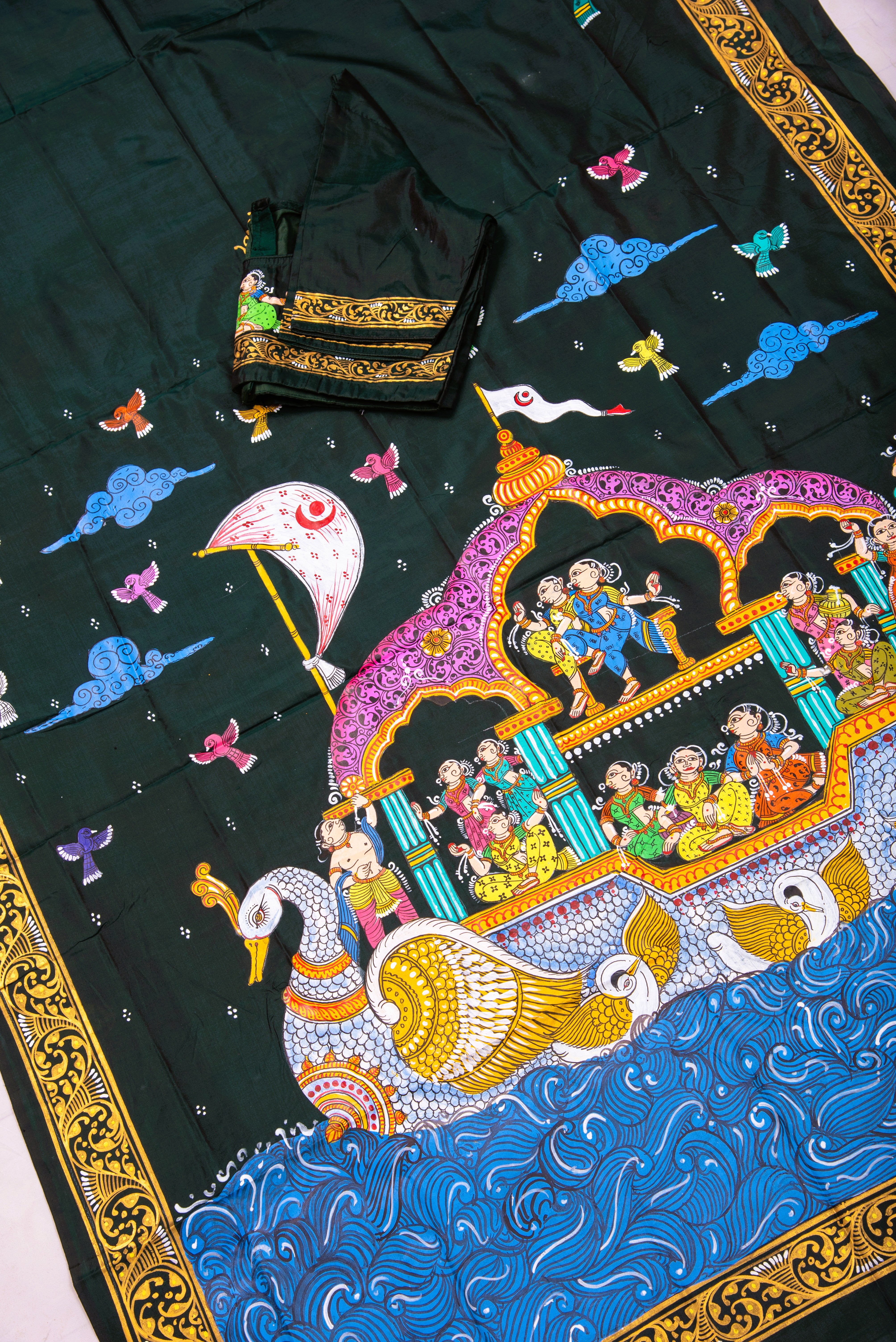 Pattachitra hand painted saree on pure silk - Nartaki Naukavihar Theme
