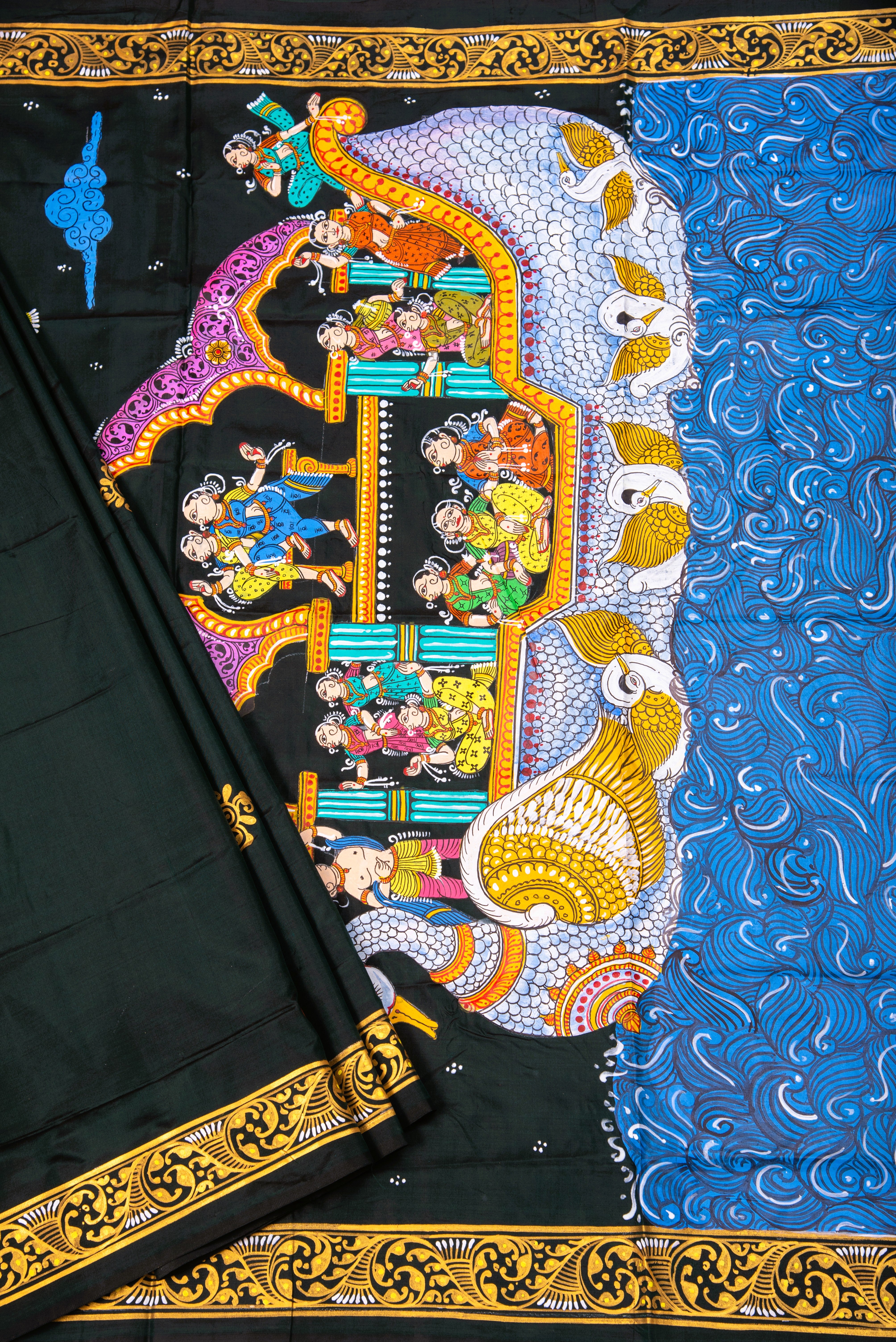 Pattachitra hand painted saree on pure silk - Nartaki Naukavihar Theme