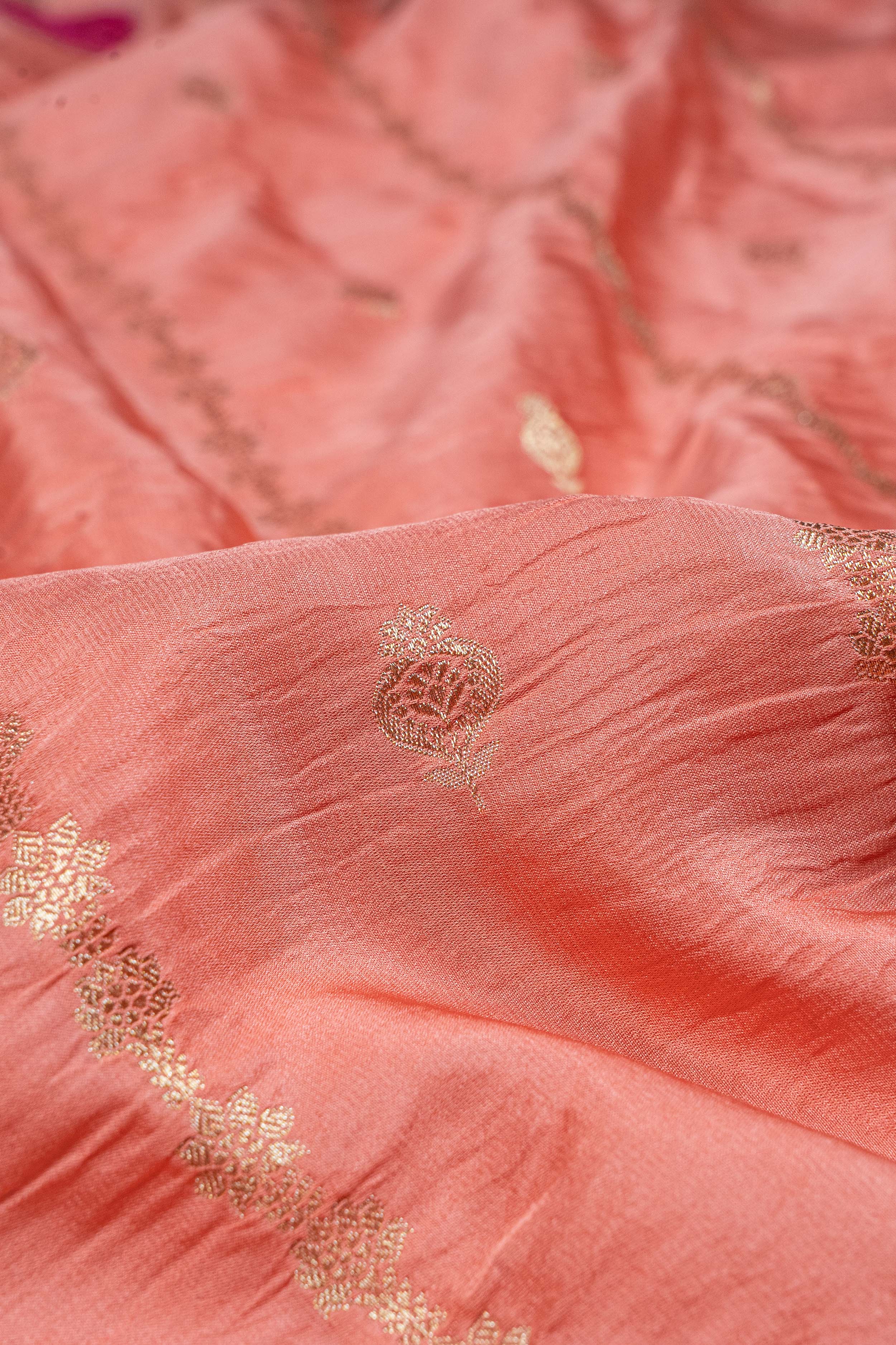 Banarasi Mashru Silk Velvet Meenakari Saree - peach