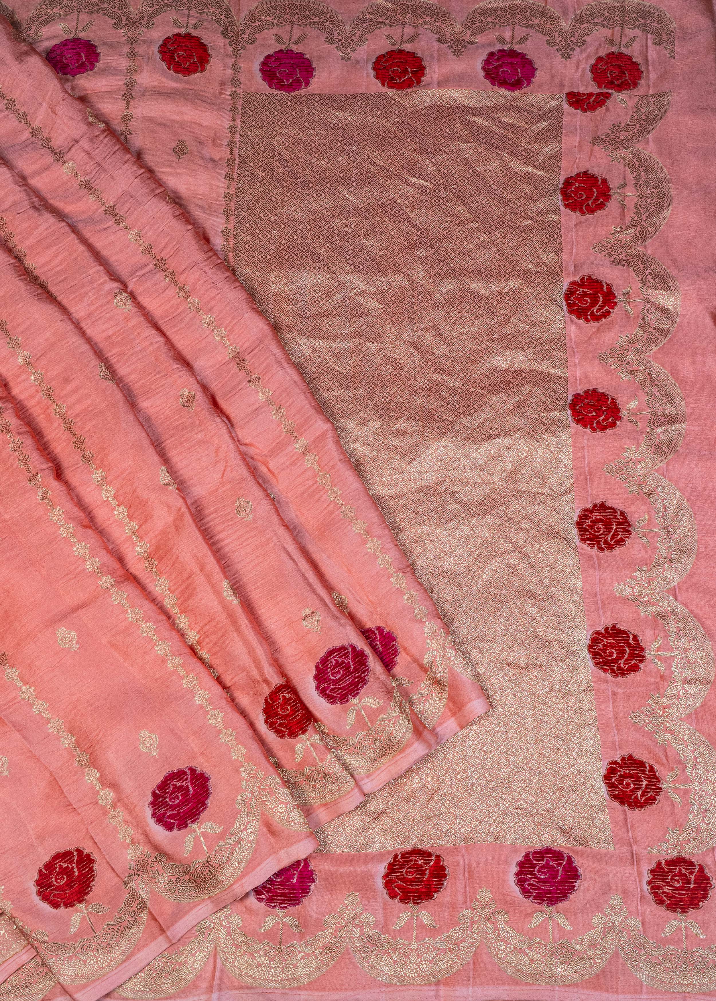 Banarasi Mashru Silk Velvet Meenakari Saree - peach