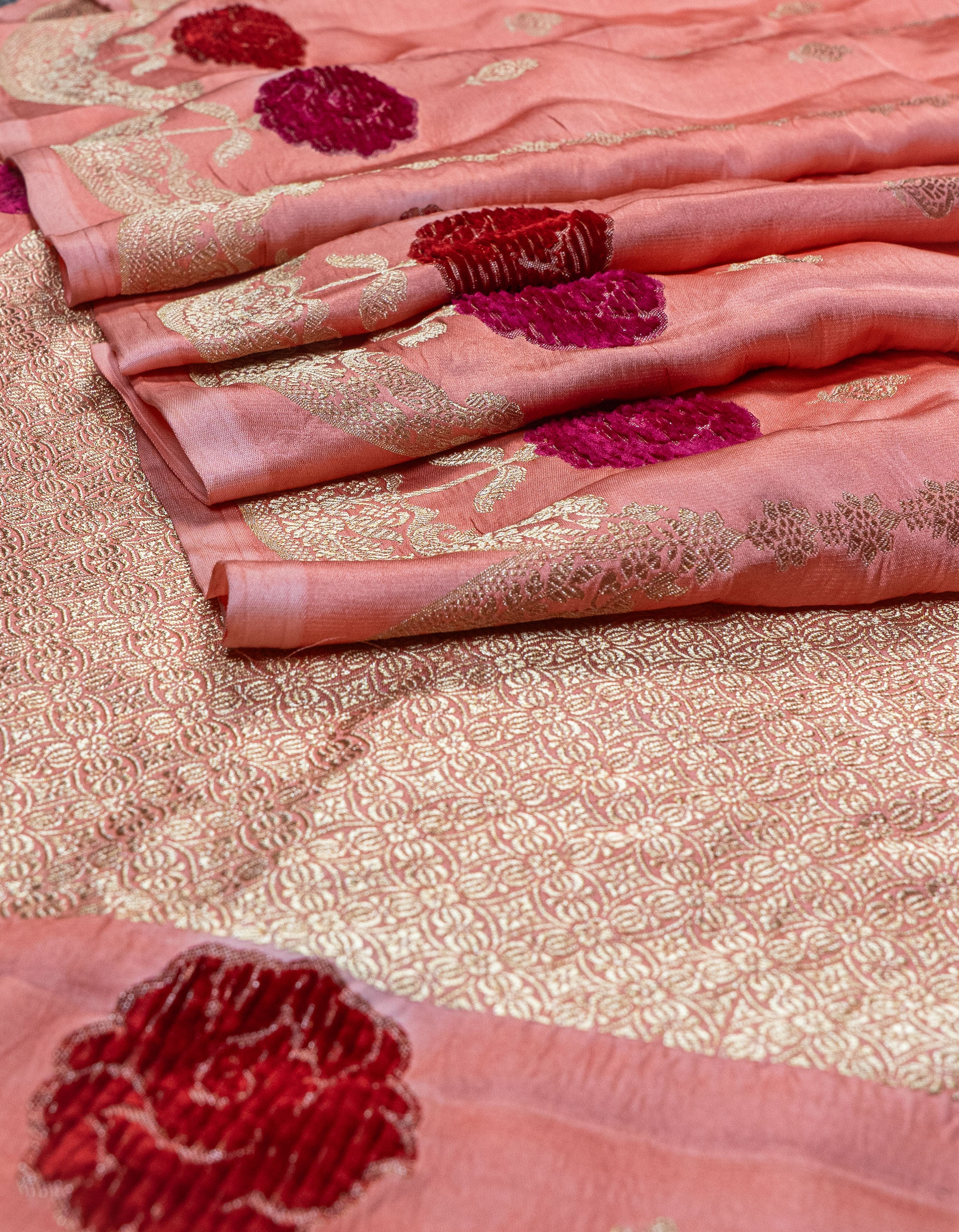 Banarasi Mashru Silk Velvet Meenakari Saree - peach