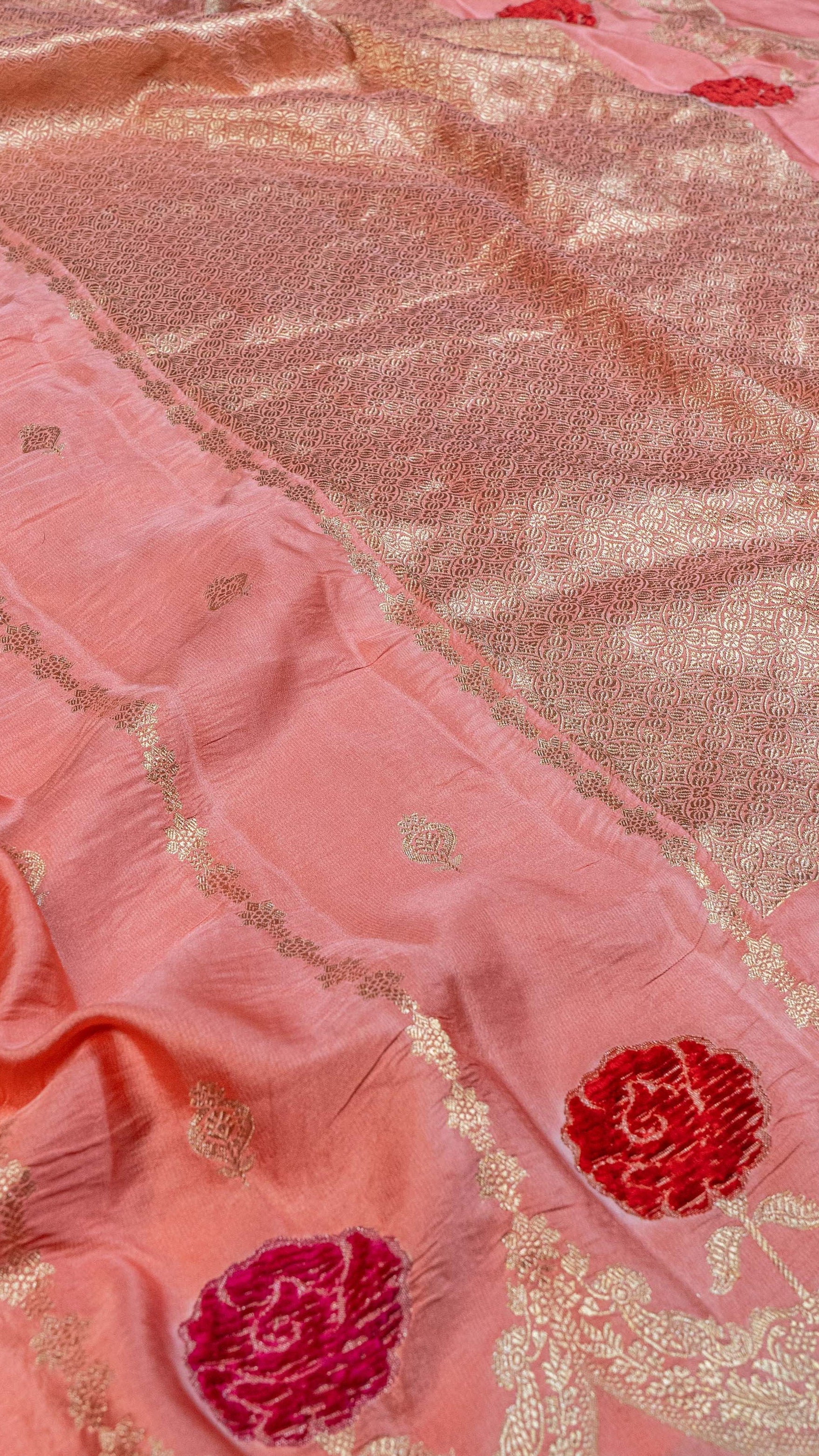 Banarasi Mashru Silk Velvet Meenakari Saree - peach