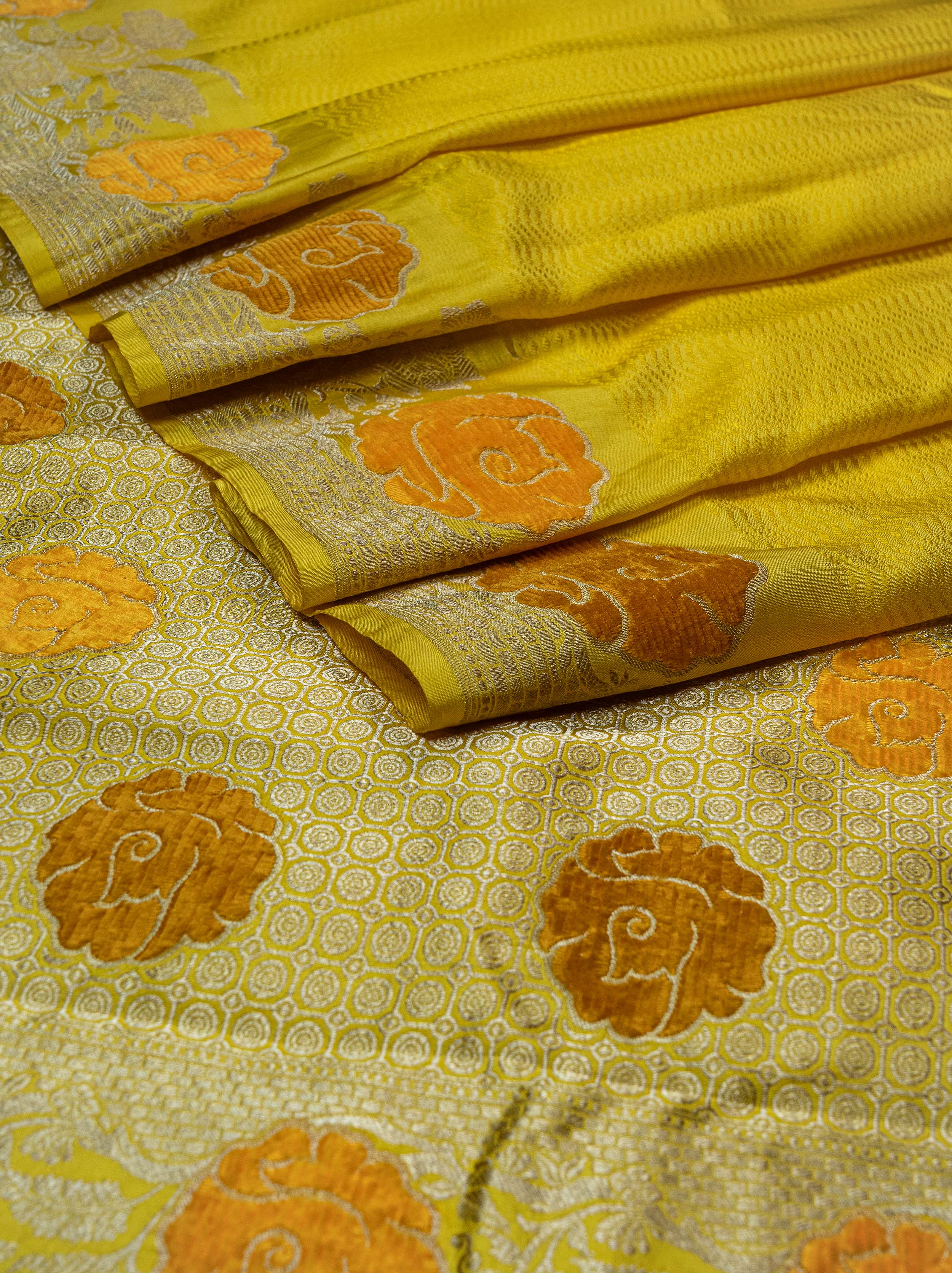Banarasi Katan Silk Velvet Meena Saree - yellow