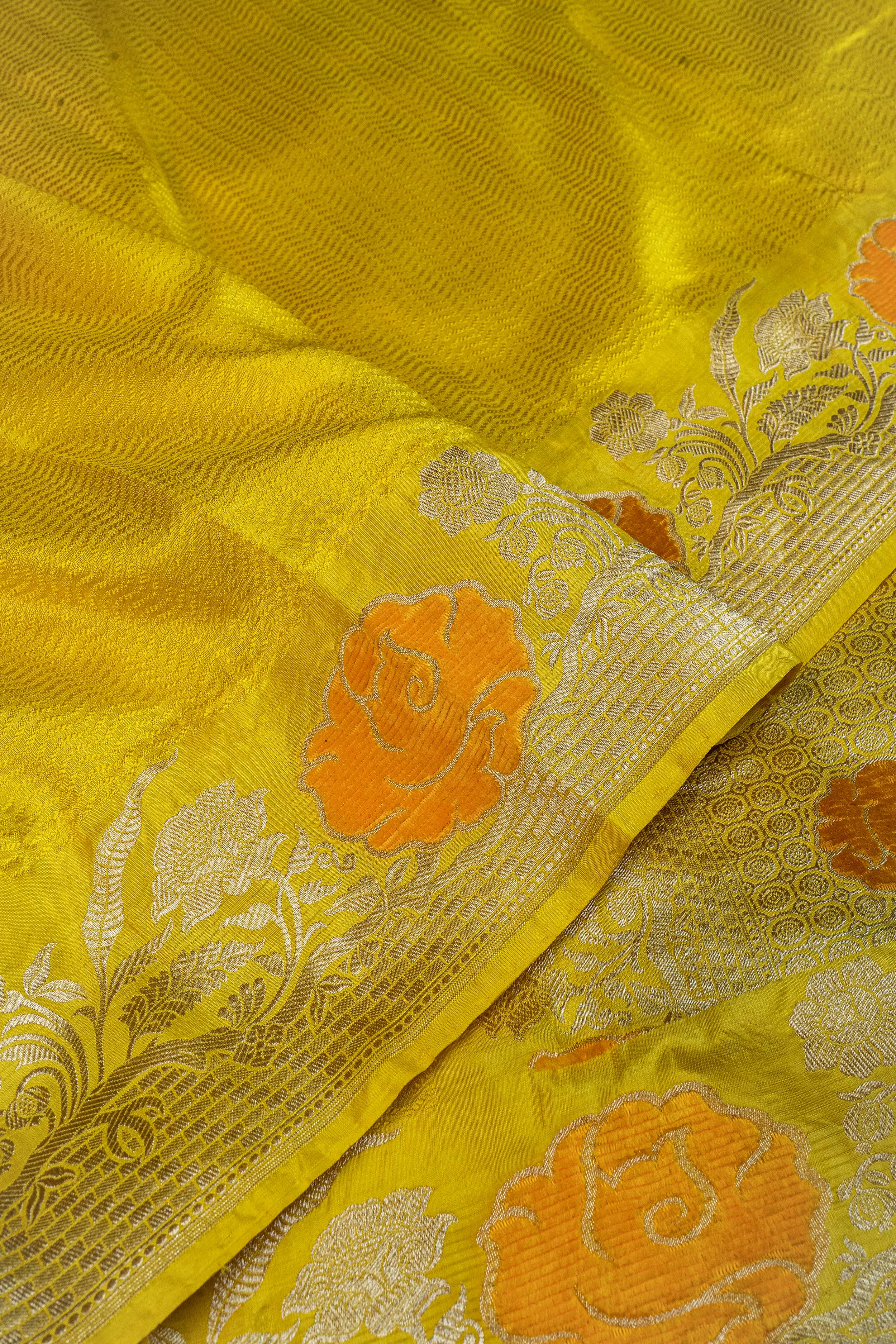 Banarasi Katan Silk Velvet Meena Saree - yellow