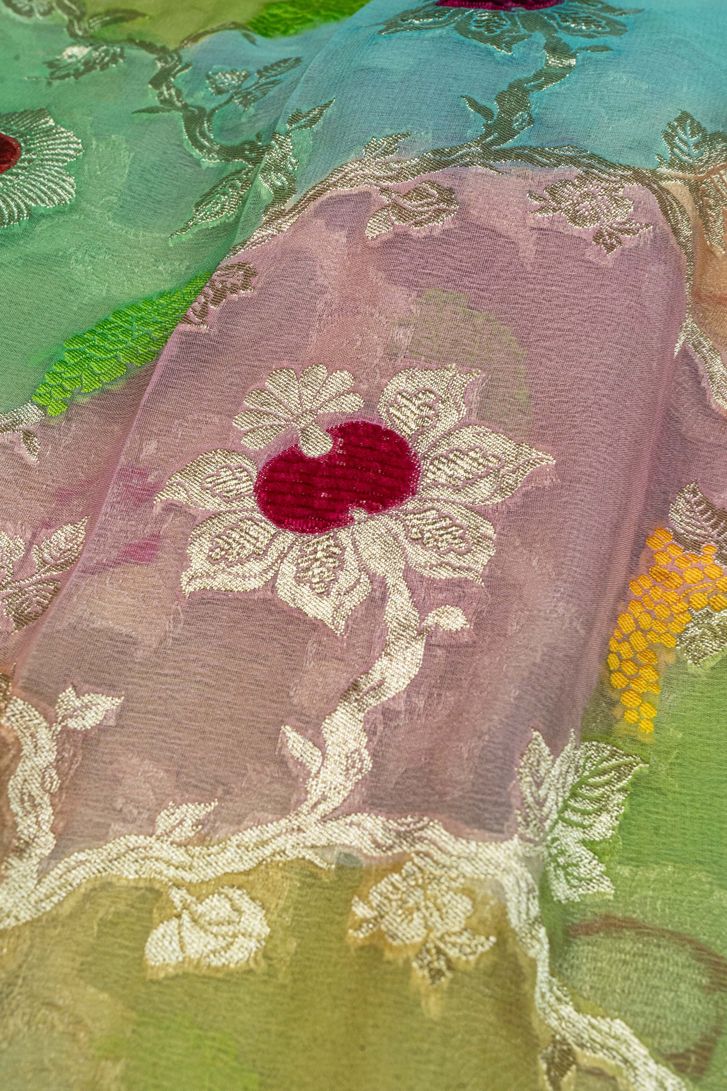 Banarasi Khaddi Georgette Velvet Meena Saree - multicolor