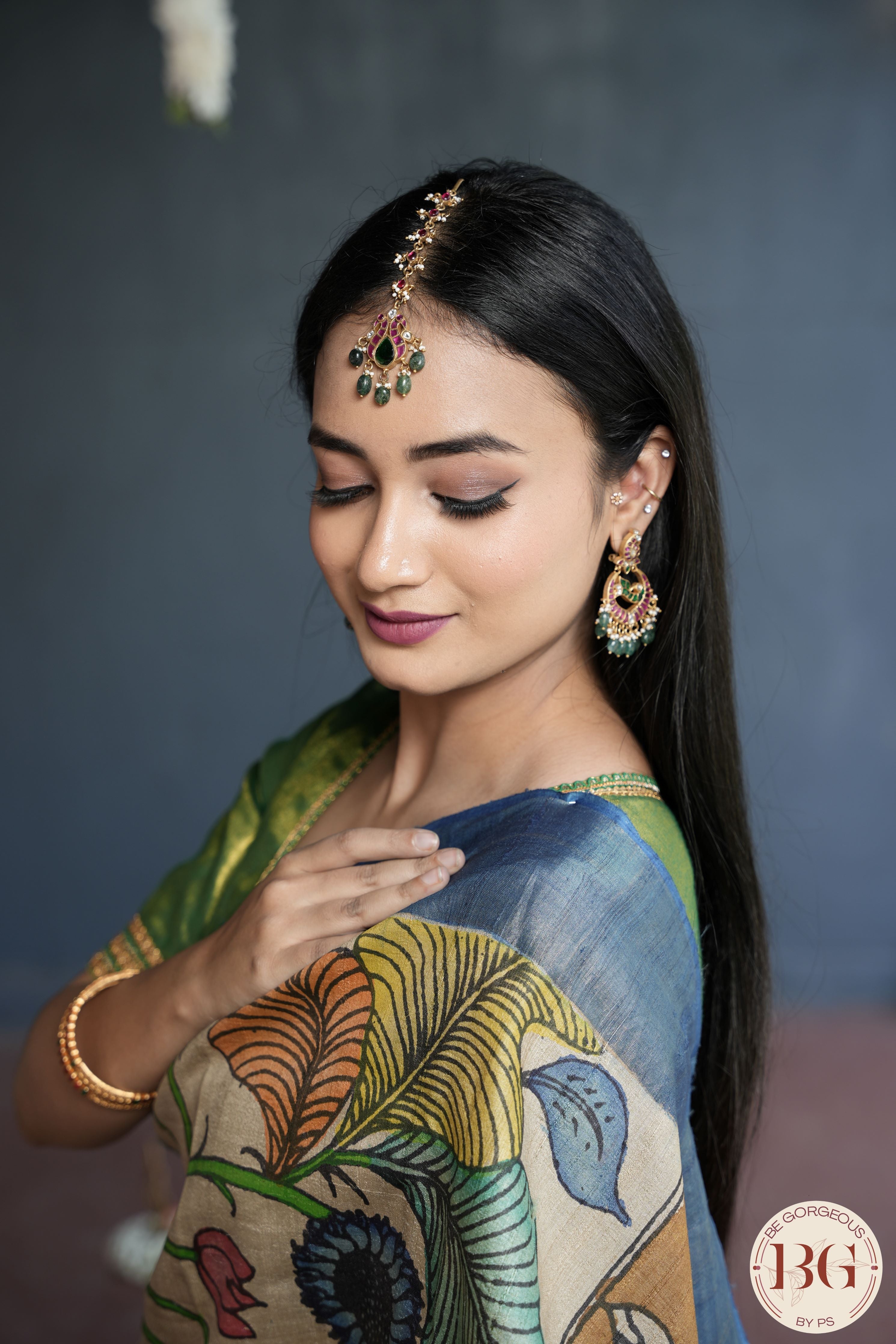 Pen Kalamkari on tussar Silk - beige blue