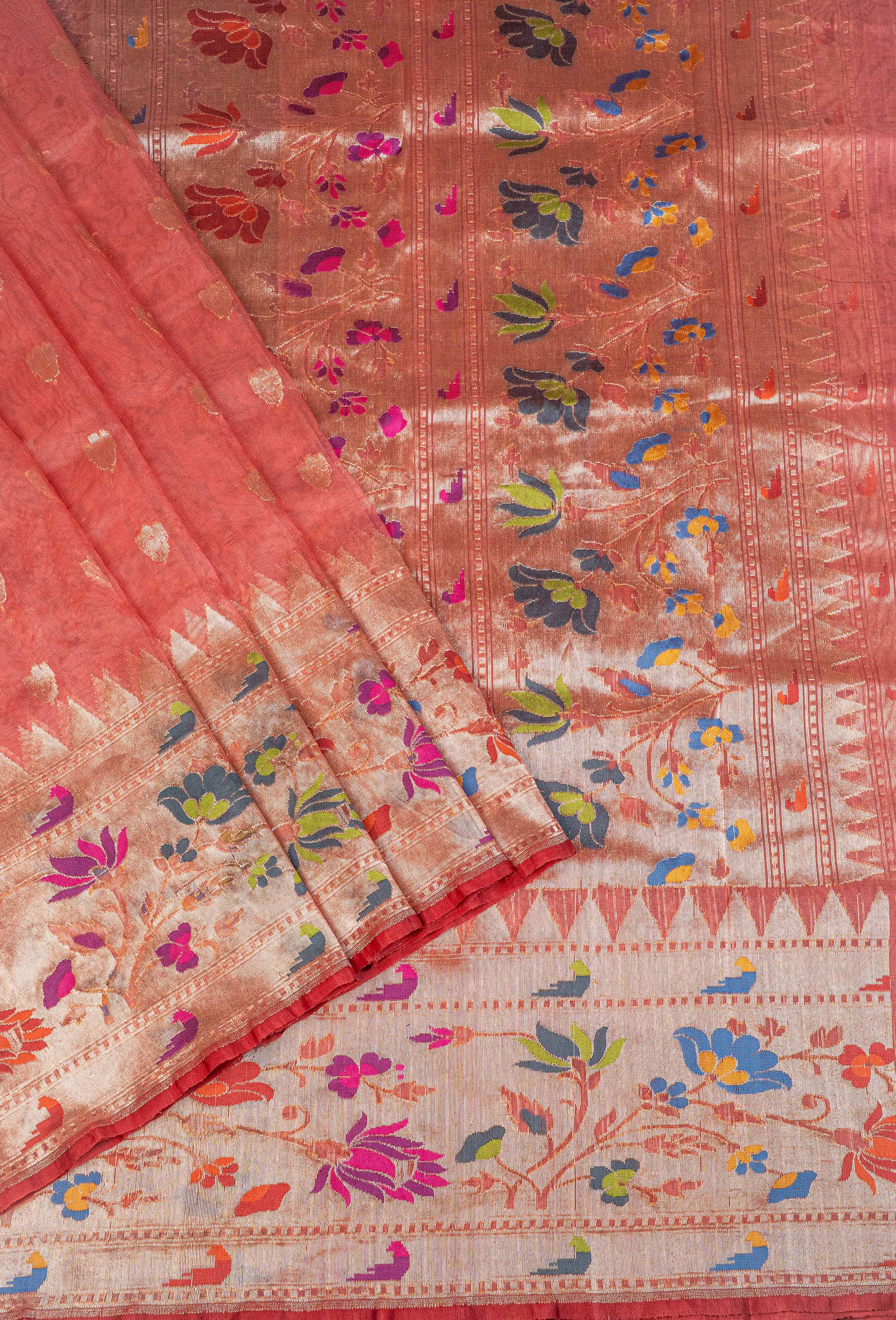 Banarasi Net Jamdani with Paithani border Saree - pastel orange