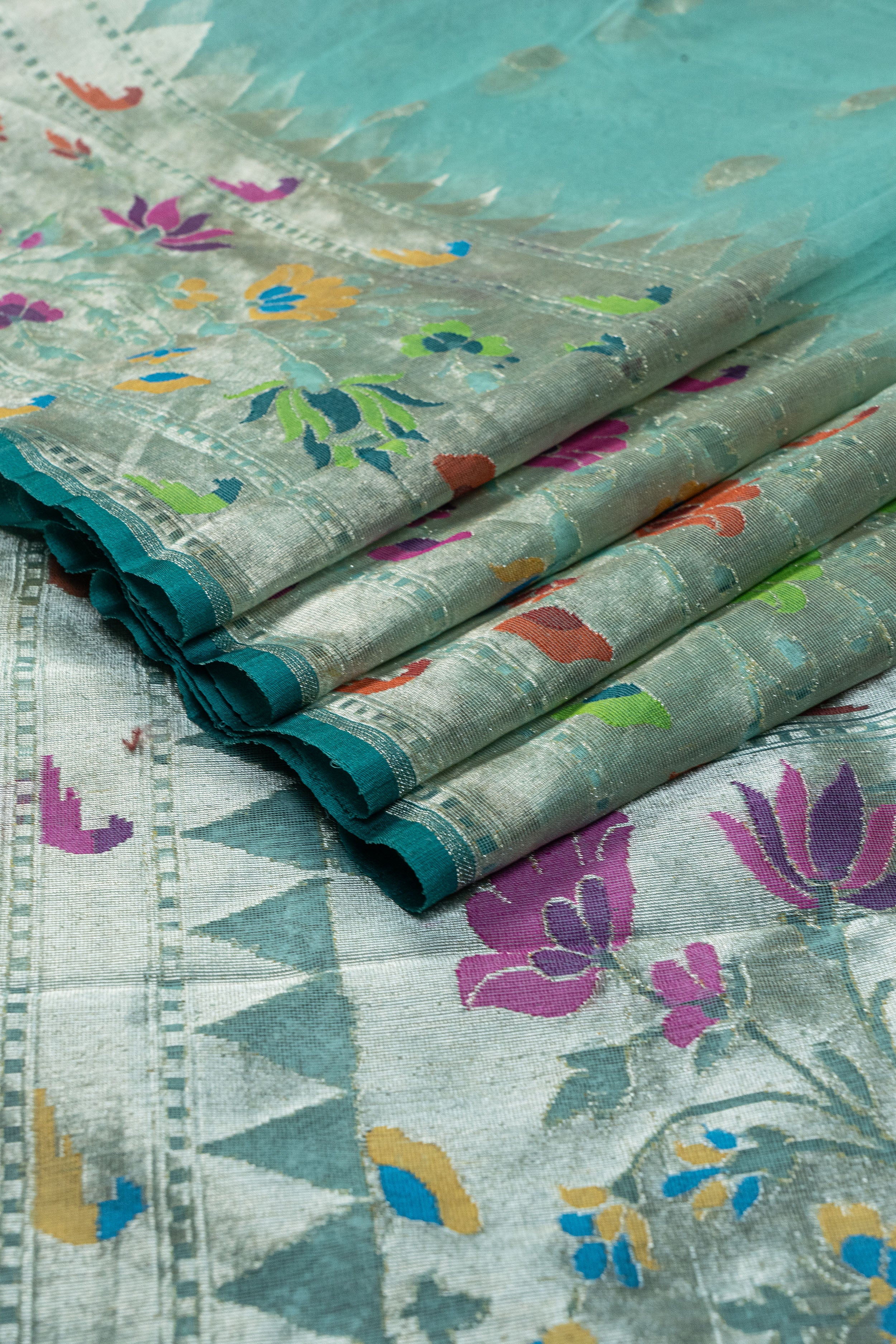 Banarasi Net Jamdani with Paithani border Saree - sea green