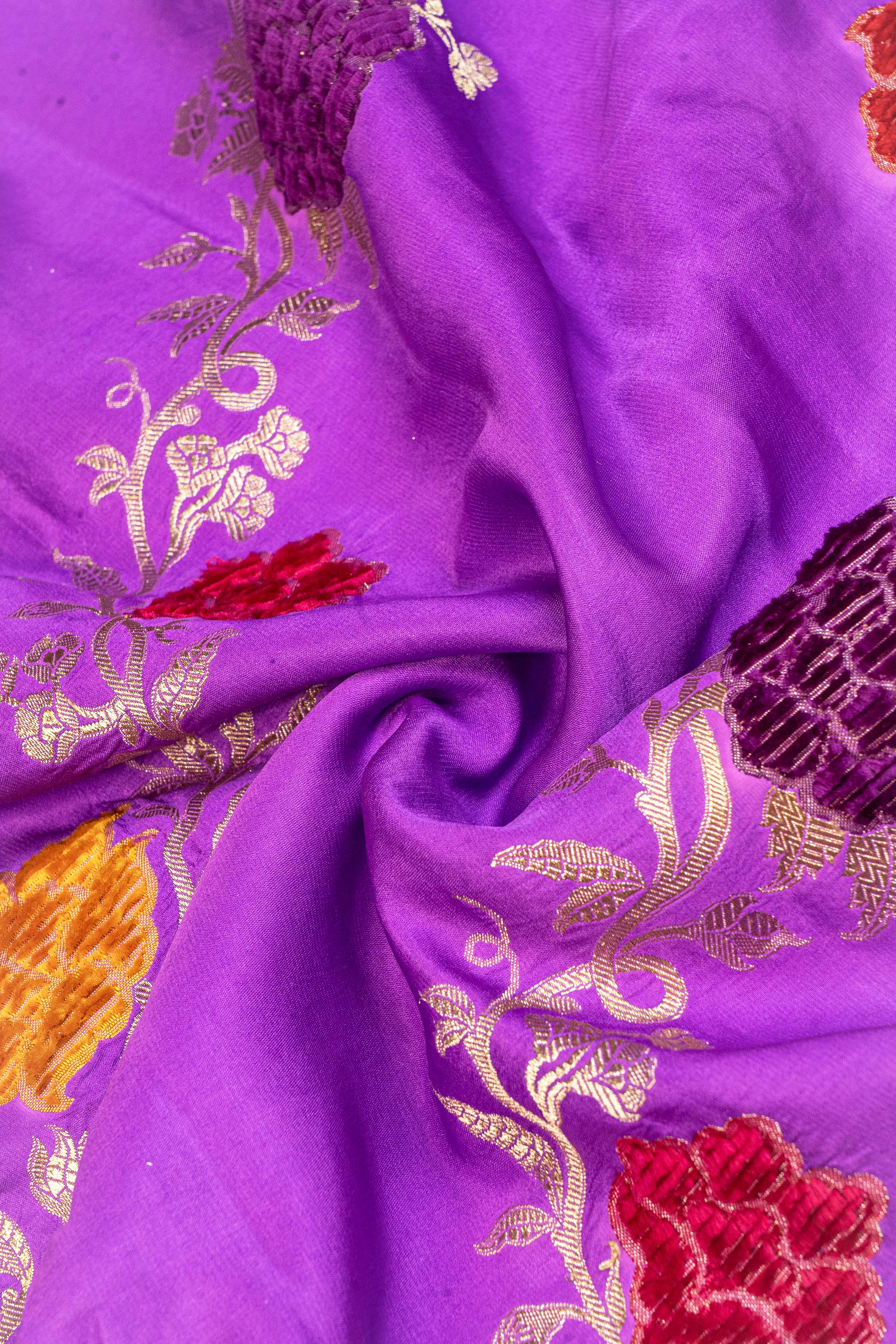 Banarasi Mashru Silk Jaal Velvet Meenakari Saree - purple