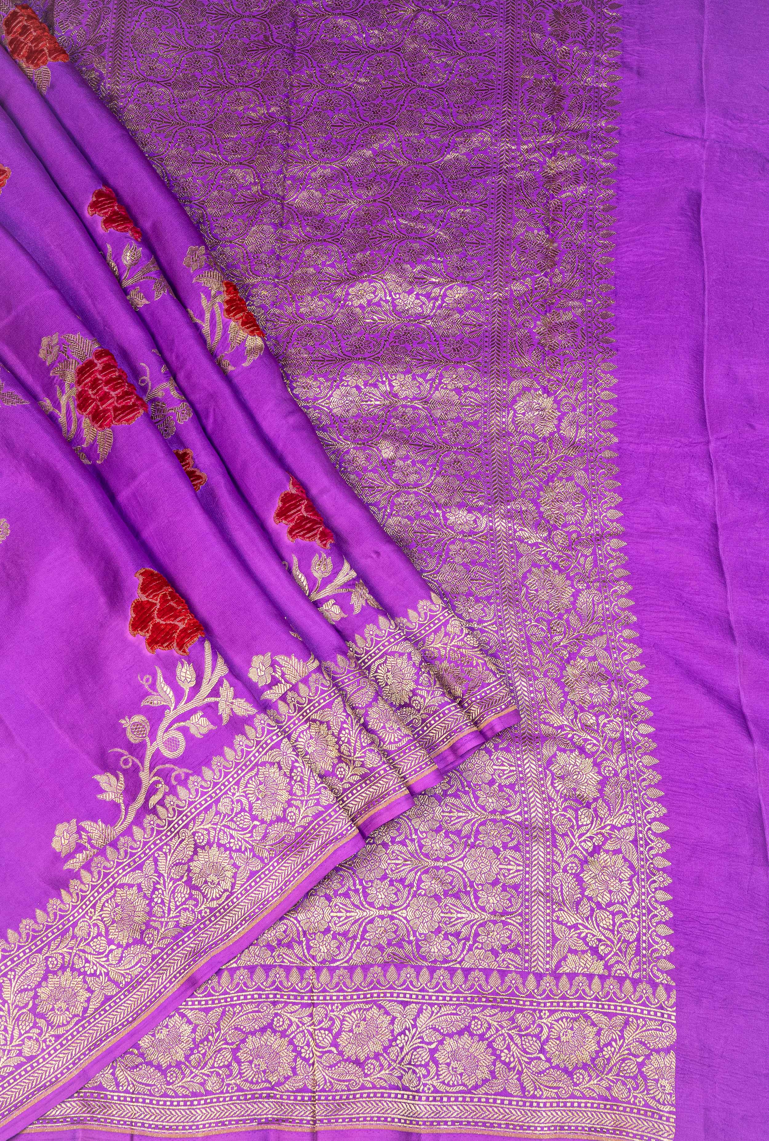 Banarasi Mashru Silk Jaal Velvet Meenakari Saree - purple