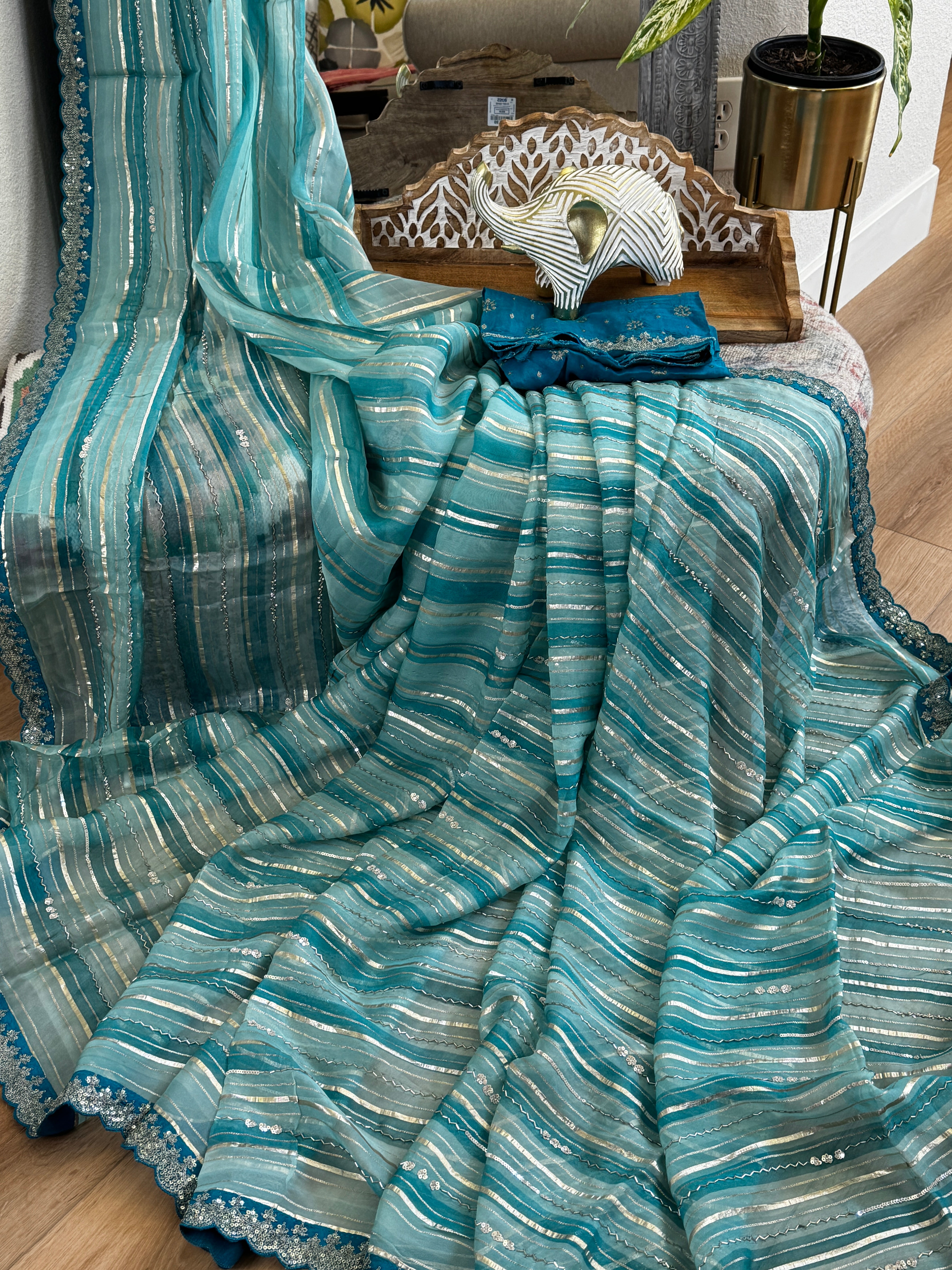 Organza Saree with stripes, sequin and gota lace - blue