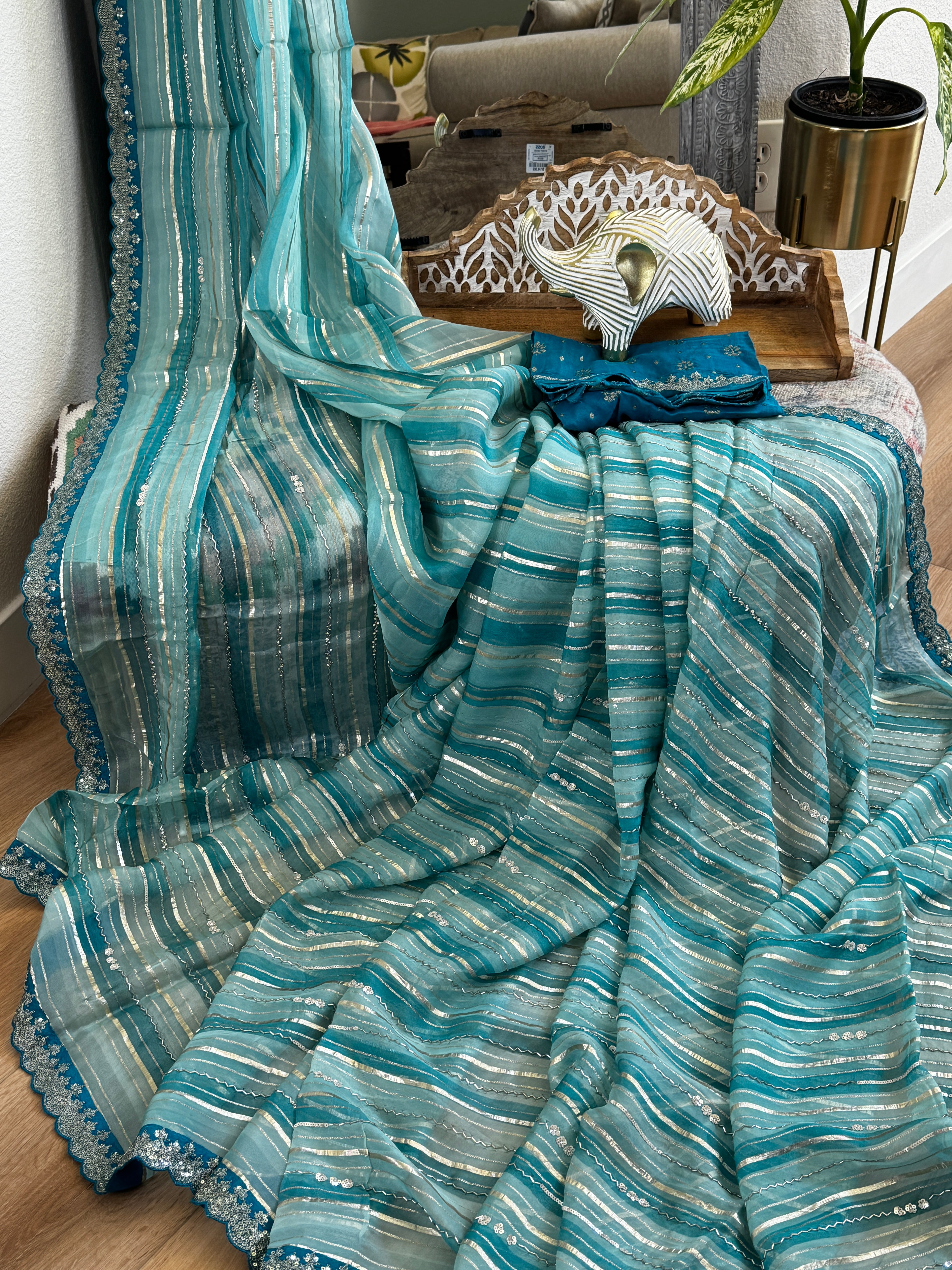 Organza Saree with stripes, sequin and gota lace - blue