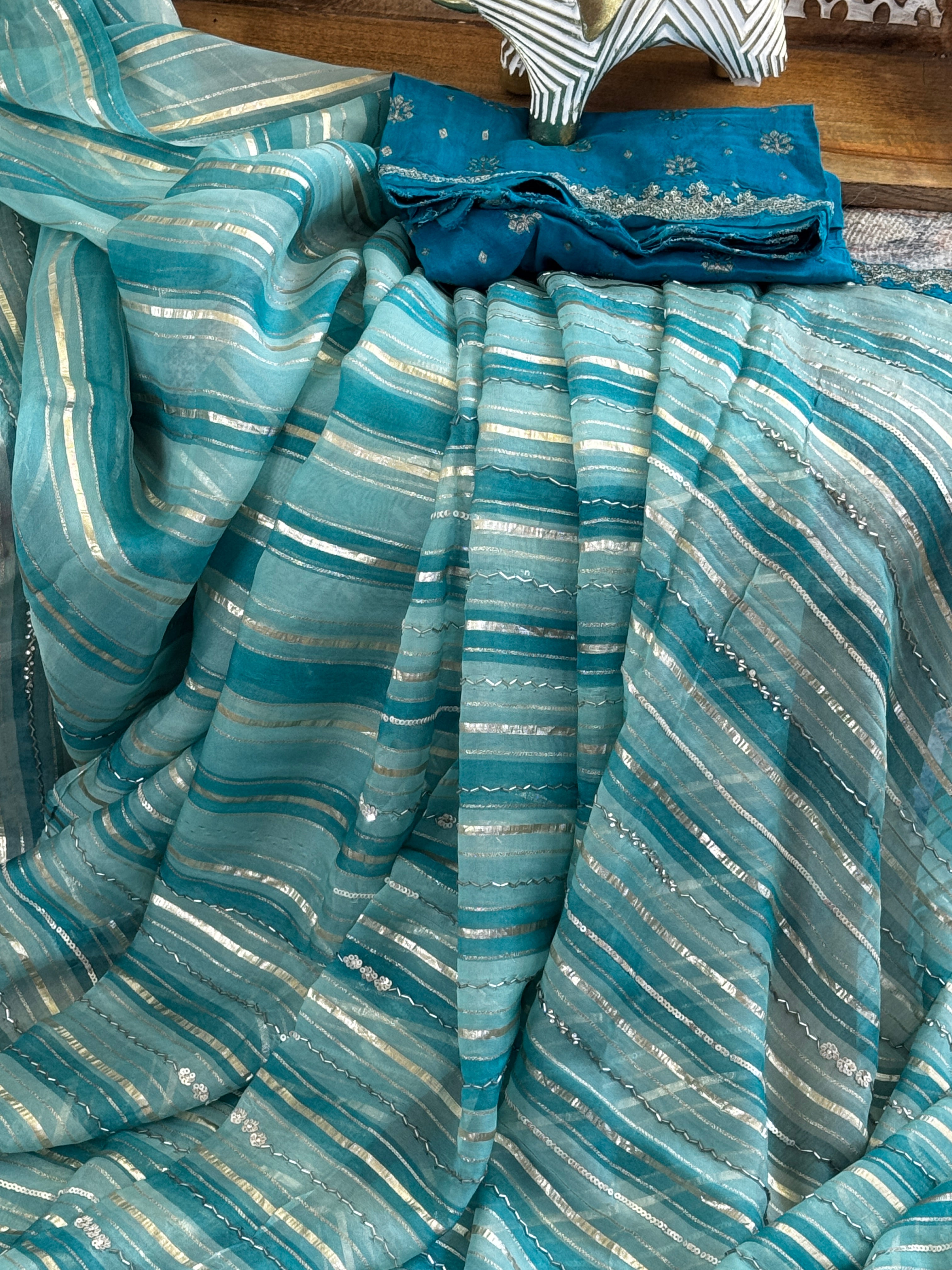 Organza Saree with stripes, sequin and gota lace - blue