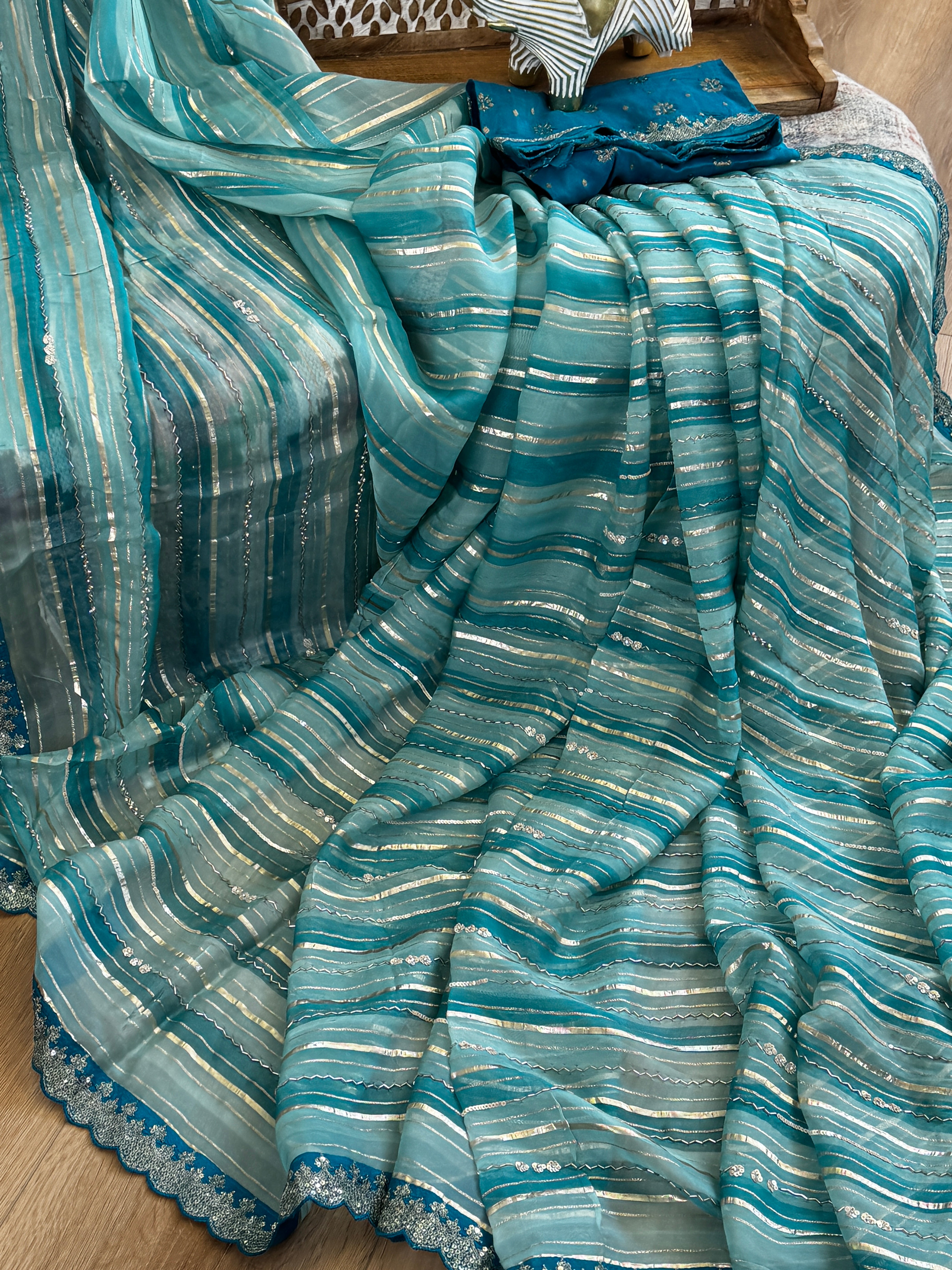 Organza Saree with stripes, sequin and gota lace - blue