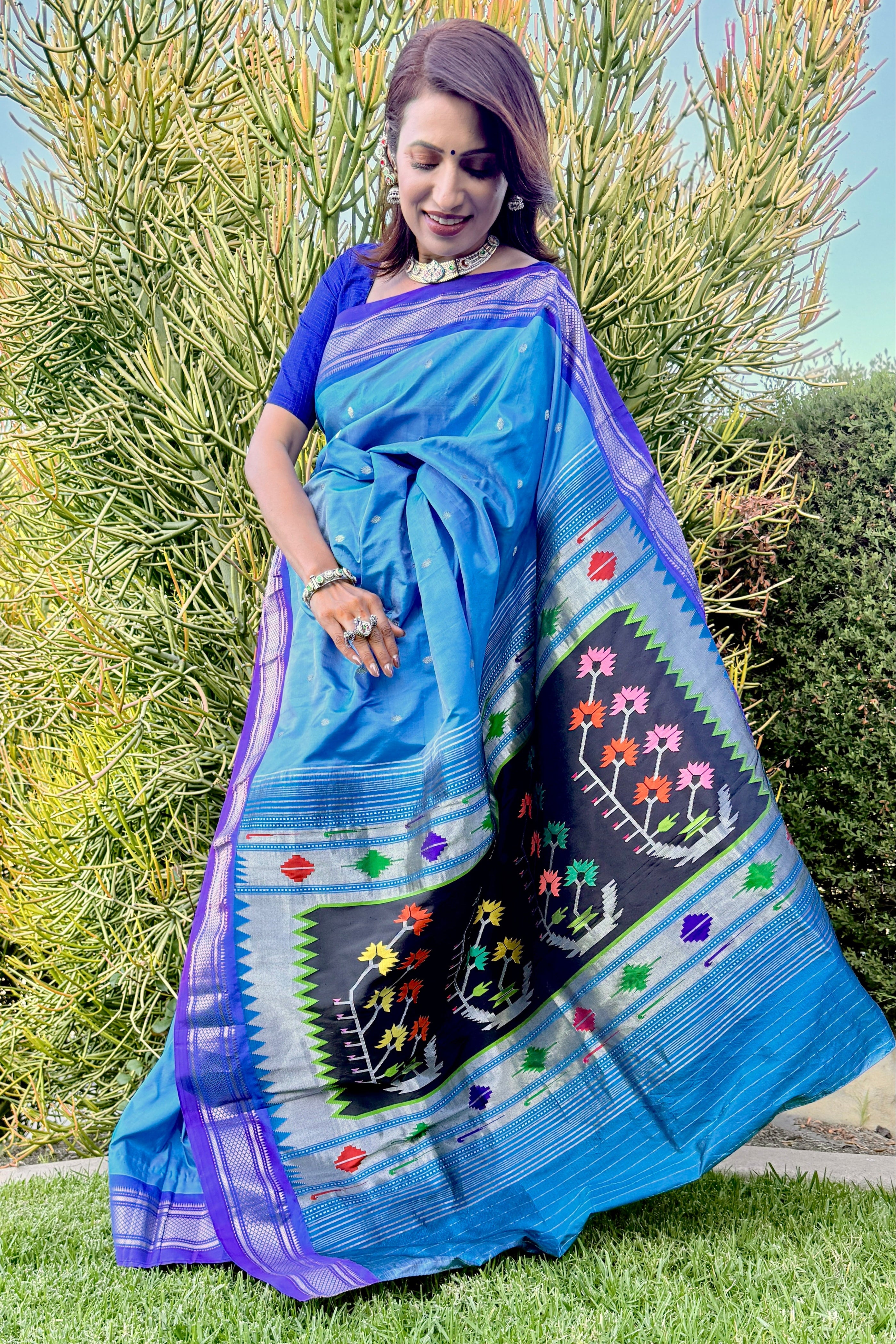 Paithani Assawali Pure silk handloom saree - sky blue