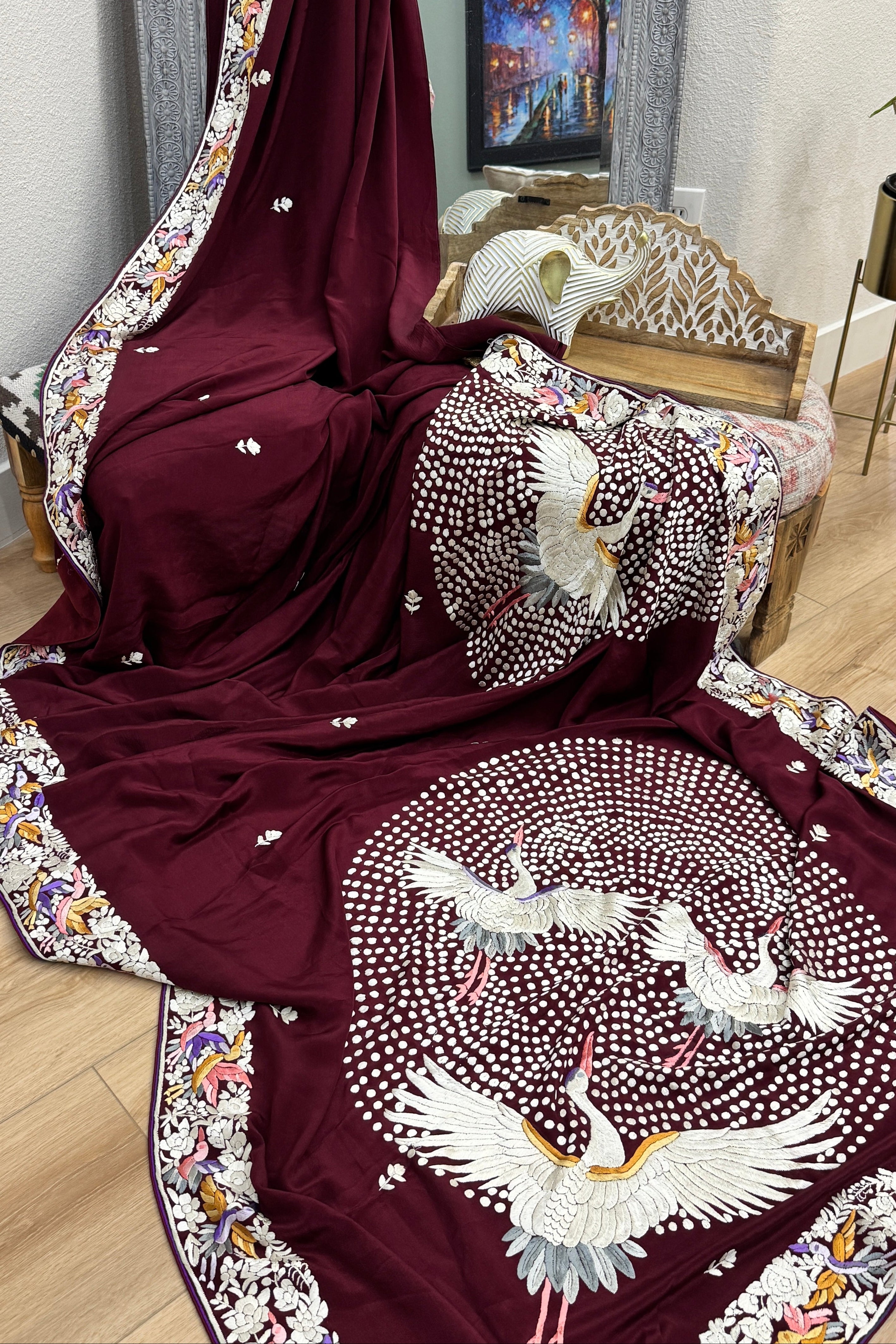 Parsi Gara hand embroidered crepe silk saree