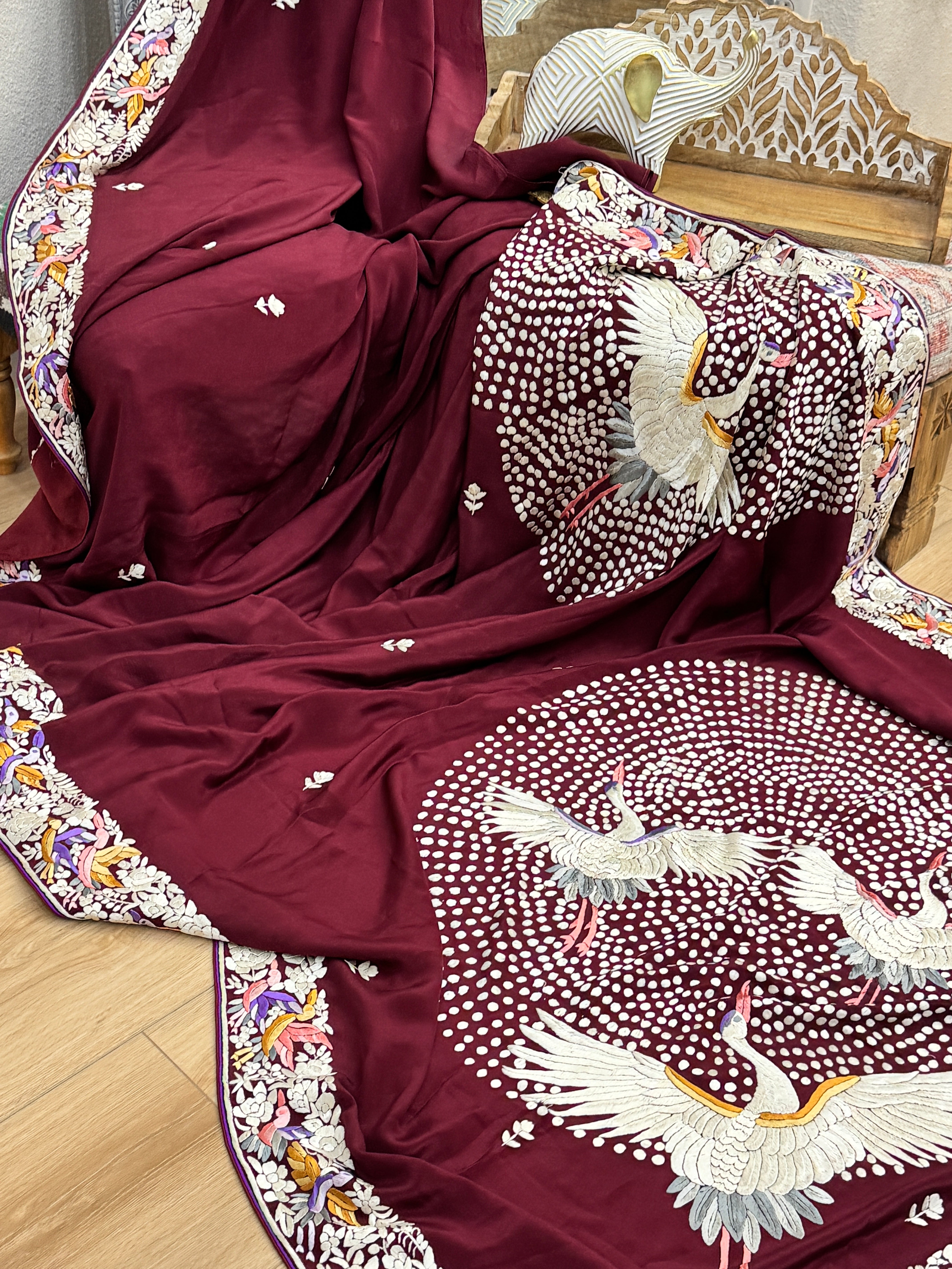 Parsi Gara hand embroidered crepe silk saree