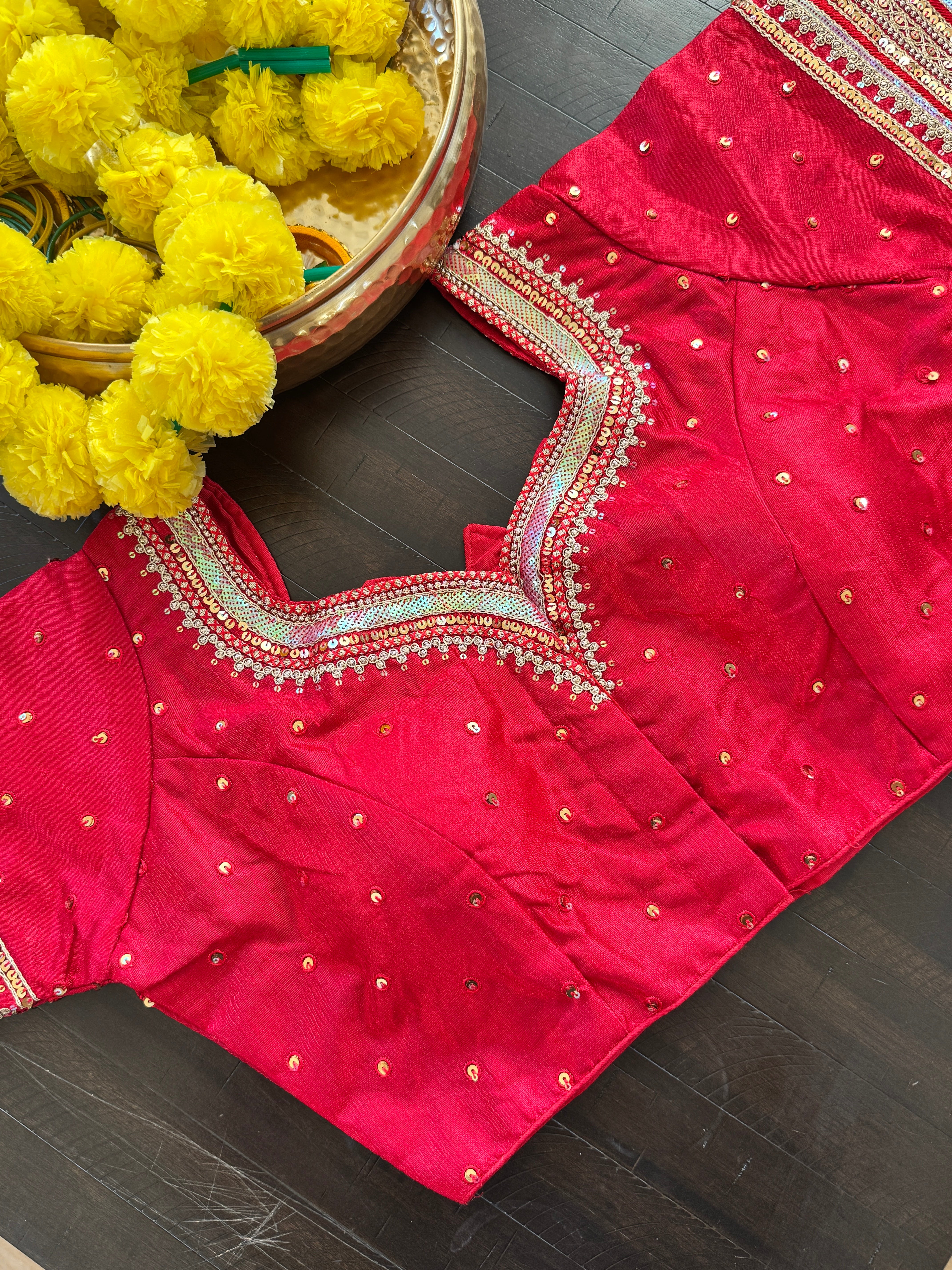 Readymade Padded Raw Silk embroidered front hooks blouse with sleeves