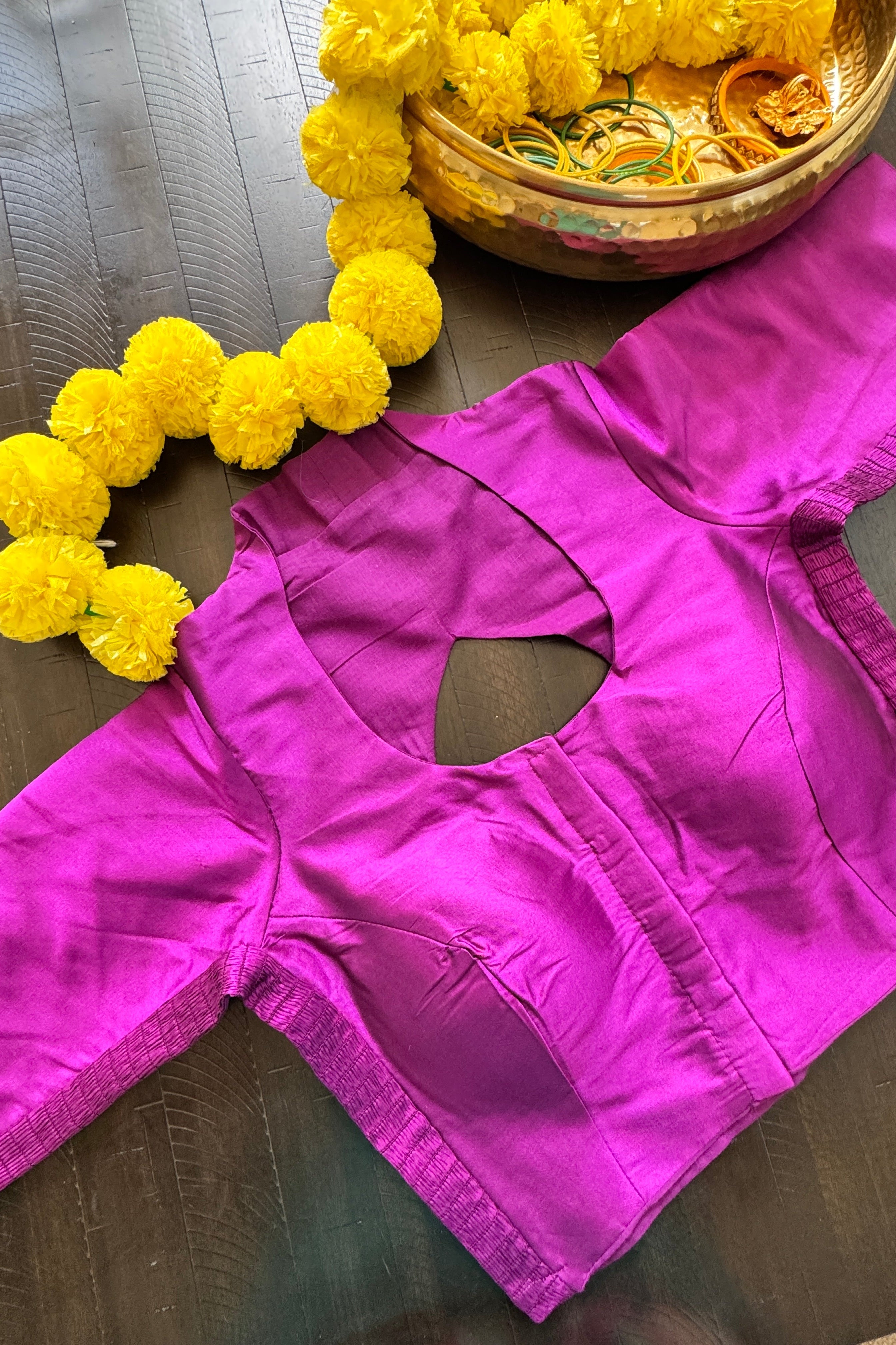 Raw Silk padded strechable blouse with front hooks and sleeves - purple